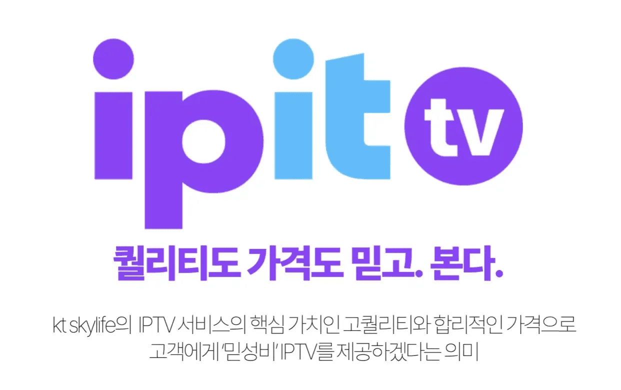 ipit TV(아이핏티비) 로고와 슬로건이 크게 배치된 IPTV 서비스 소개 이미지다. ‘퀄리티도 가격도 믿고 본다’라는 문구를 통해 합리적인 가격과 높은 시청 품질을 강조한다. ipit TV(아이핏티비)는 KT 스카이라이프의 IPTV 서비스로, 고품질 콘텐츠를 제공한다는 의미를 담고 있다.