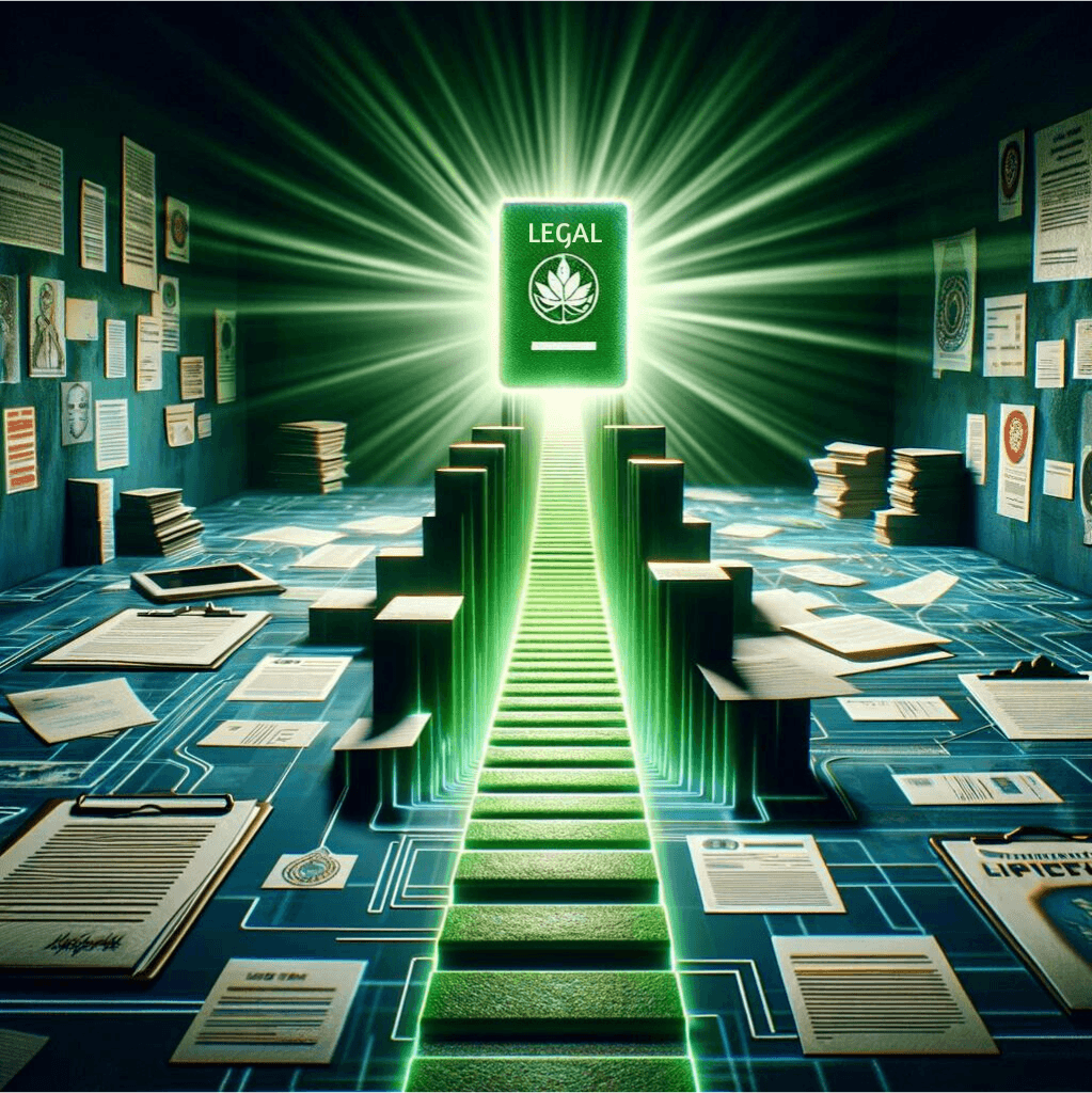 A pathway marked with legal documents and steps leading towards an illuminated green card, symbolizing the journey from an H1B visa to achieving permanent residency in the United States.