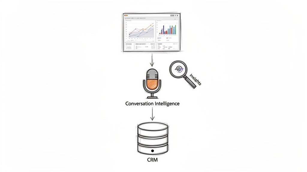 A diagram showing data from a screen flowing into Conversation Intelligence, generating insights, and updating CRM.