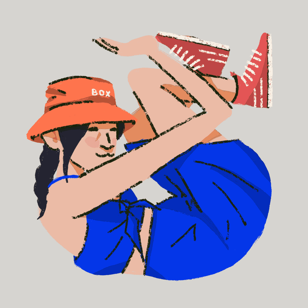 Stylized illustration of a young woman with black hair tucked under an orange bucket hat labeled 'Box.' She's dressed in a vibrant cobalt blue jumpsuit with a casual bow tied at the chest, and sporting red and white high-top sneakers. Her pose is dynamic and humorous, playfully contorted as if she's humorously squeezing herself into an invisible box.