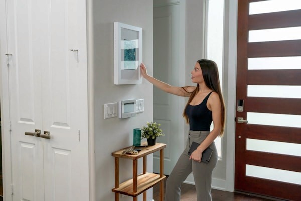 Homeowner checking the thermostat when the AC is running but not cooling