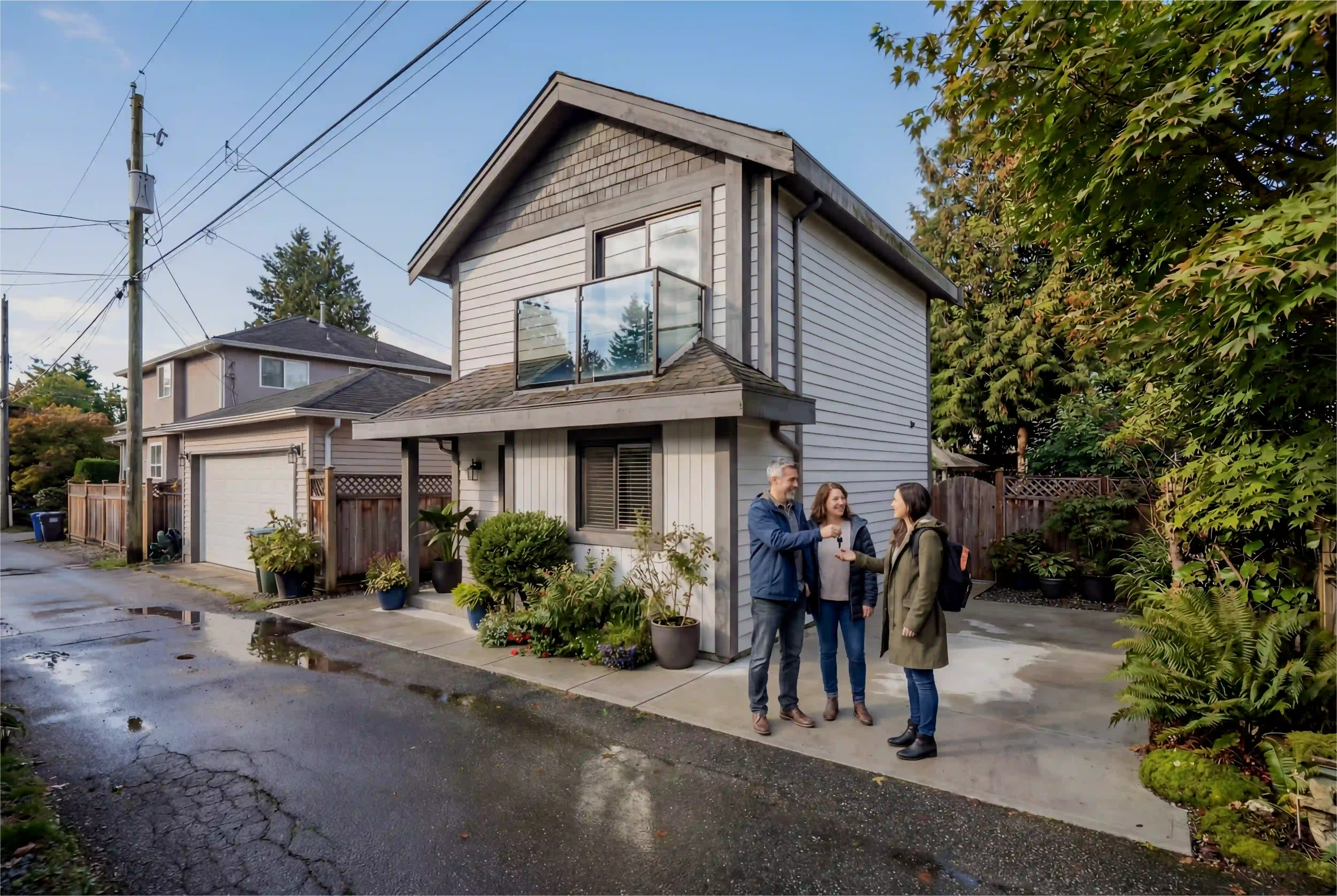 Completed laneway home exterior in Vancouver with homeowners standing outside the property