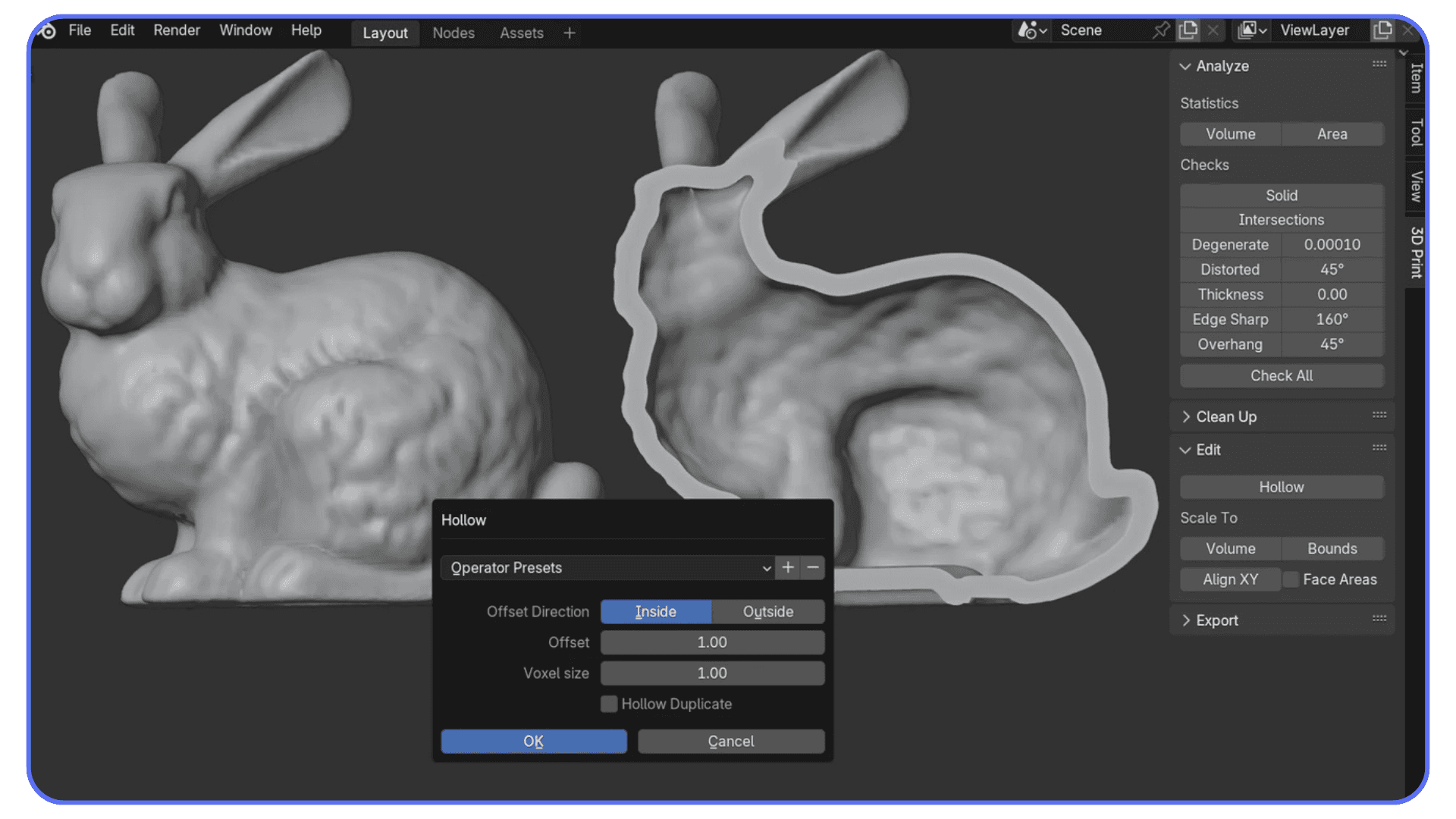 Blender scene showing a solid rabbit model and its hollowed interior preview, with the Hollow tool settings window open.