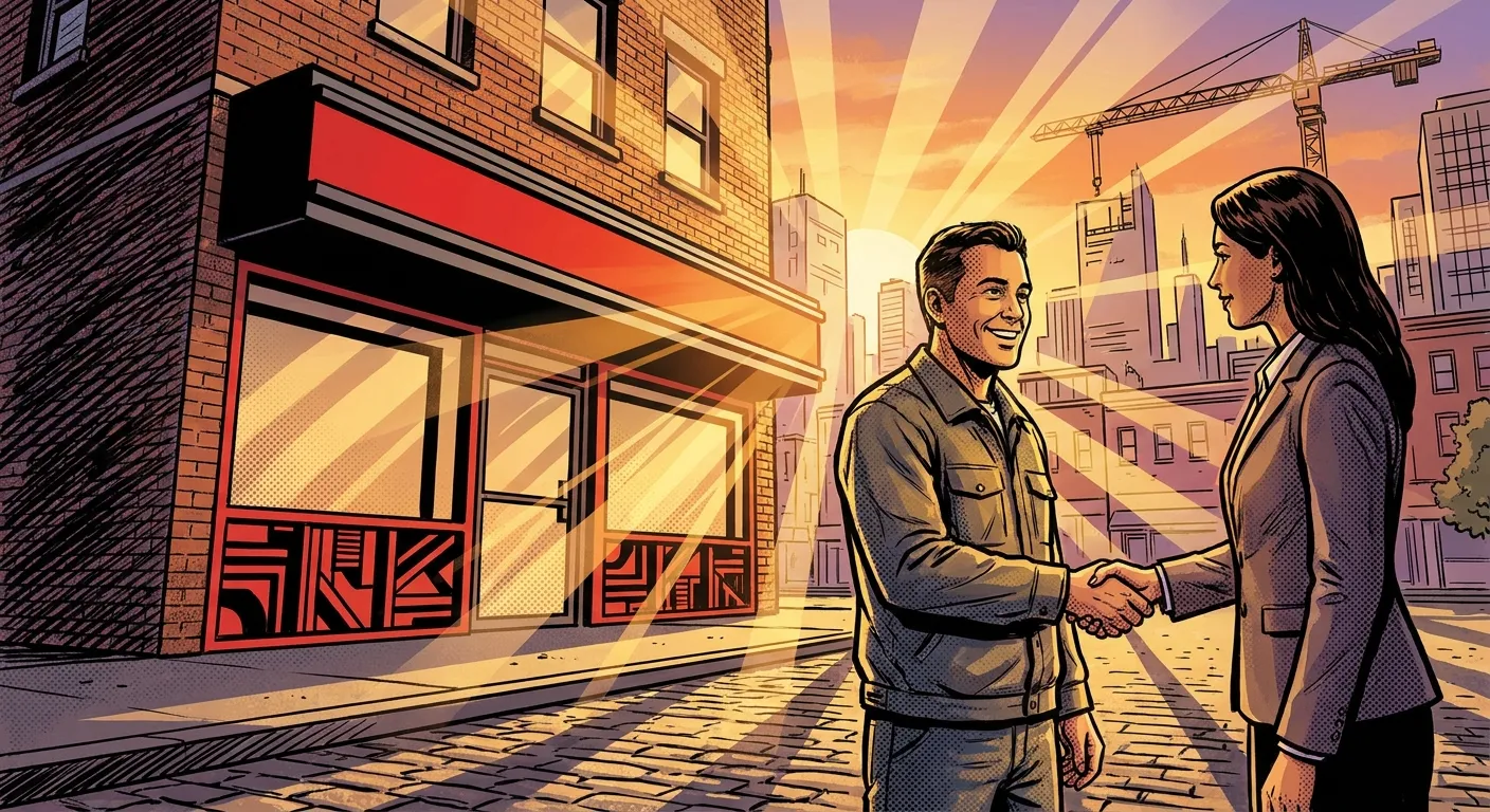 Two people shake hands on a sunlit street, symbolizing RockN' Socials, a digital marketing agency.