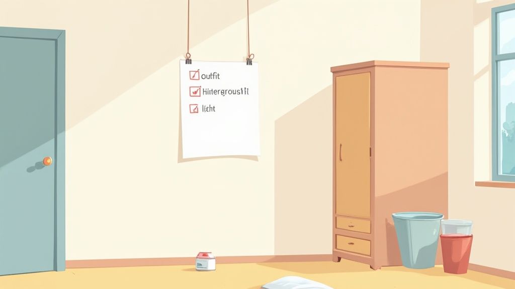 Ein einfacher, cartoonhafter Raum mit einer To-Do-Liste an der Wand, Möbeln und einem Fenster.