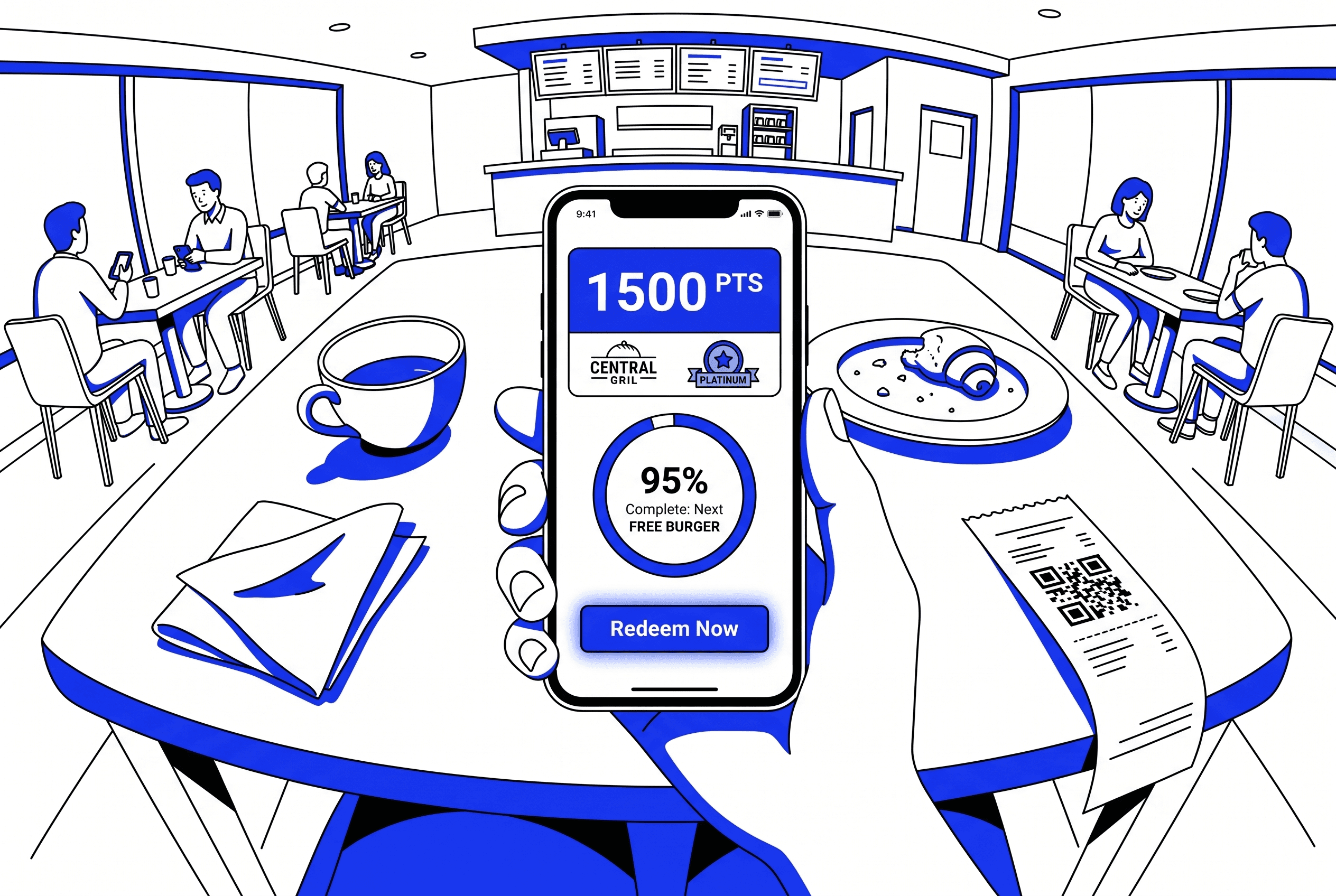 Smartphone displaying a restaurant loyalty rewards app with points balance and progress bar on a restaurant table, representing digital loyalty programs for multi-location F&B brands in KSA and UAE