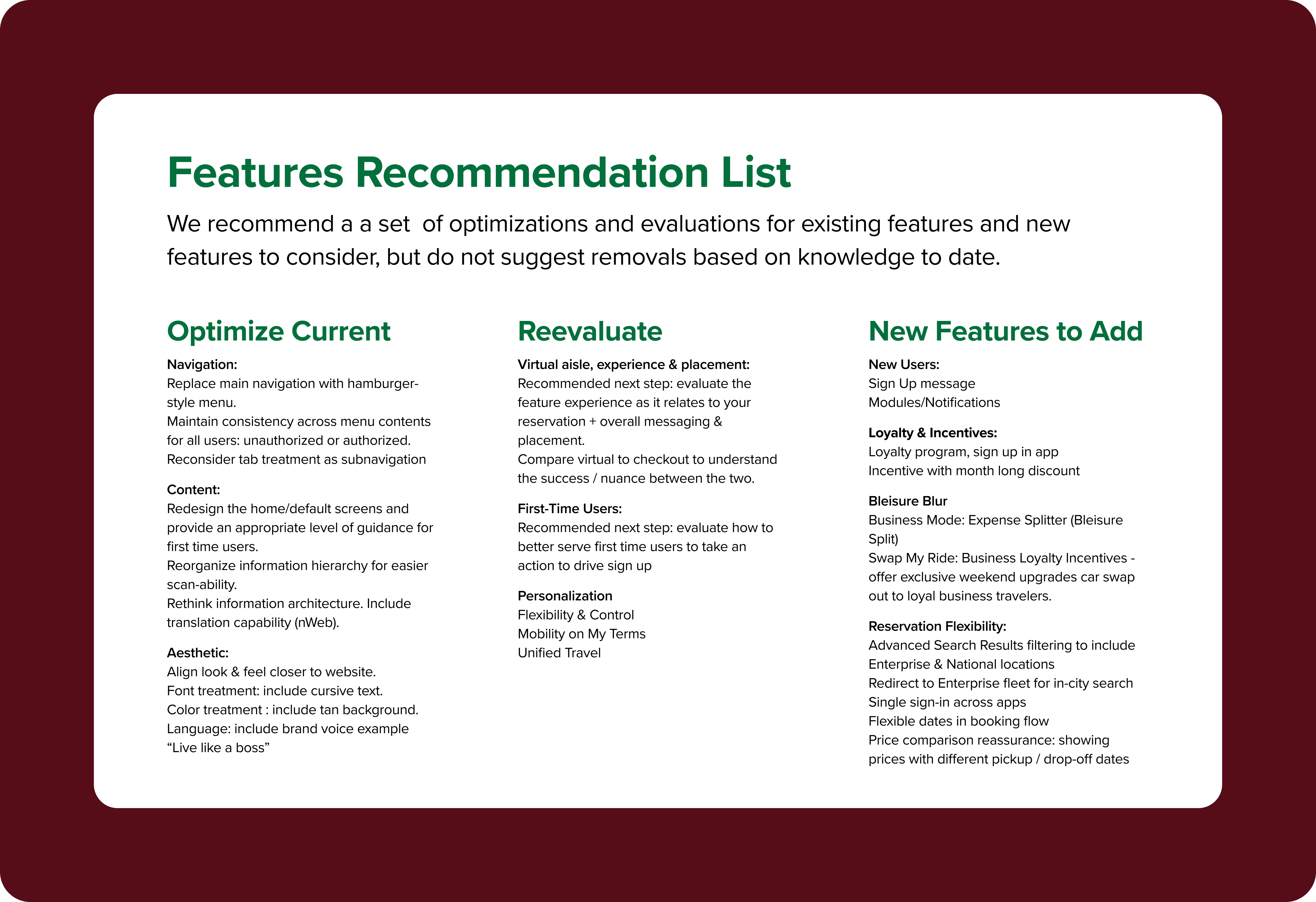 Early features recommendation list for National Car Rental