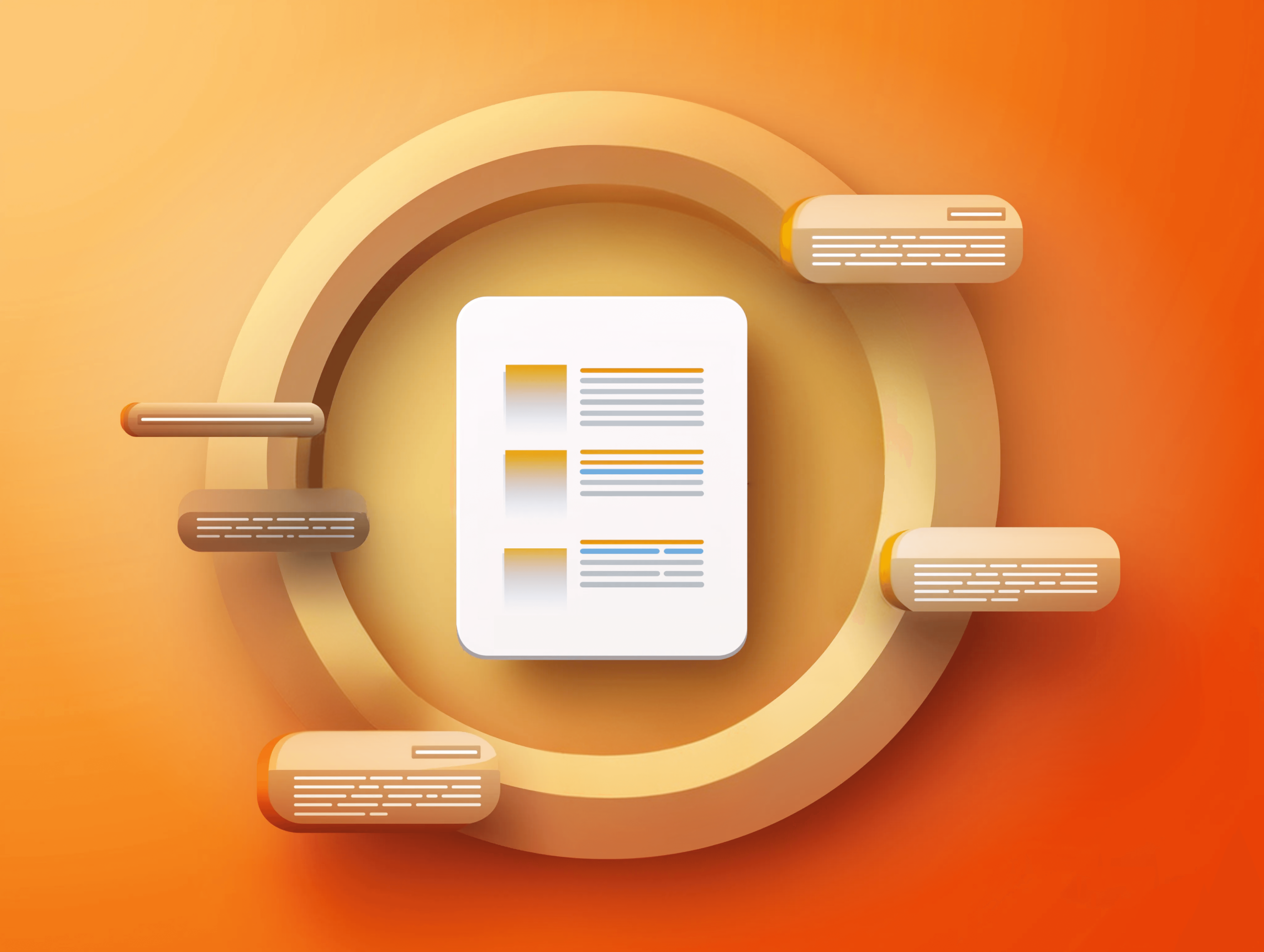 3D illustration of a white document with bulleted list items orbited by floating capsule-shaped annotation comments, set against a warm orange gradient background