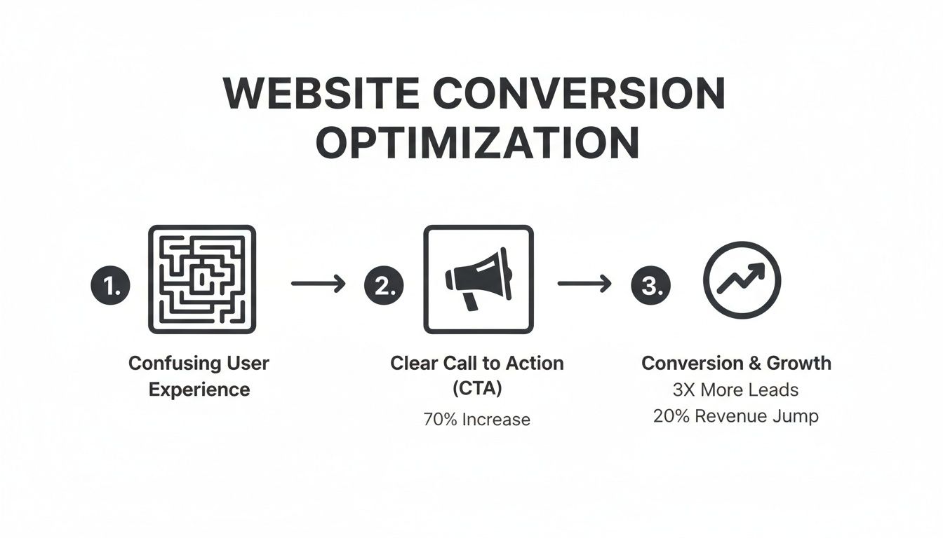 Diagram showing website conversion optimization from confusing user experience to clear CTA, resulting in significant growth.