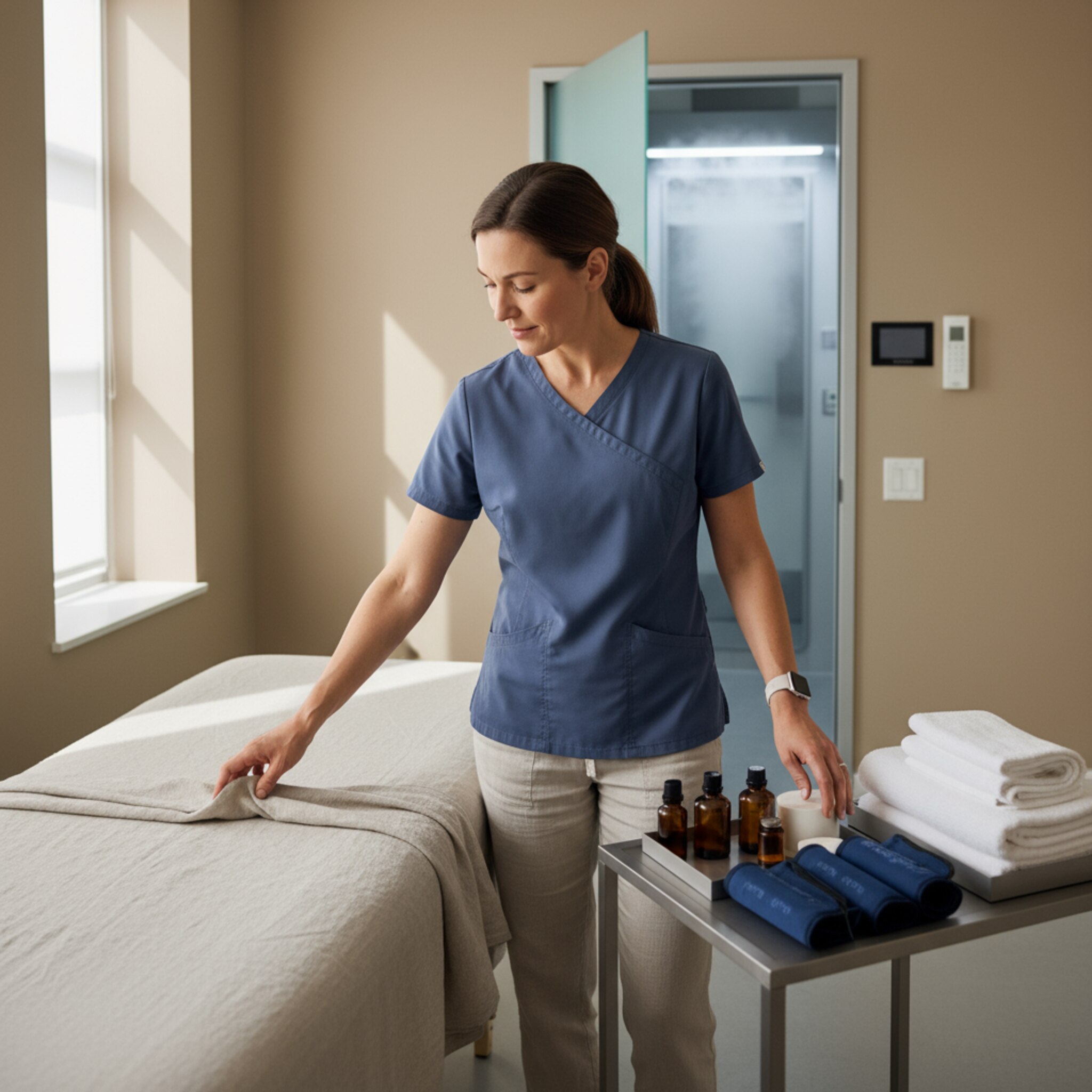 Ein Therapeut richtet eine Liege aus und stellt ein Tablett mit Öl und Kompressionsmanschetten bereit. Durch die halb geöffnete Tür ist die beschlagene Scheibe der Kältekammer zu erahnen. Das Licht ist sanft, die Atmosphäre konzentriert und einladend. Jeder Griff wirkt ruhig, präzise und routiniert.