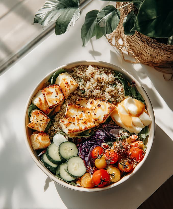 Grilled halloumi & quinoa bowl