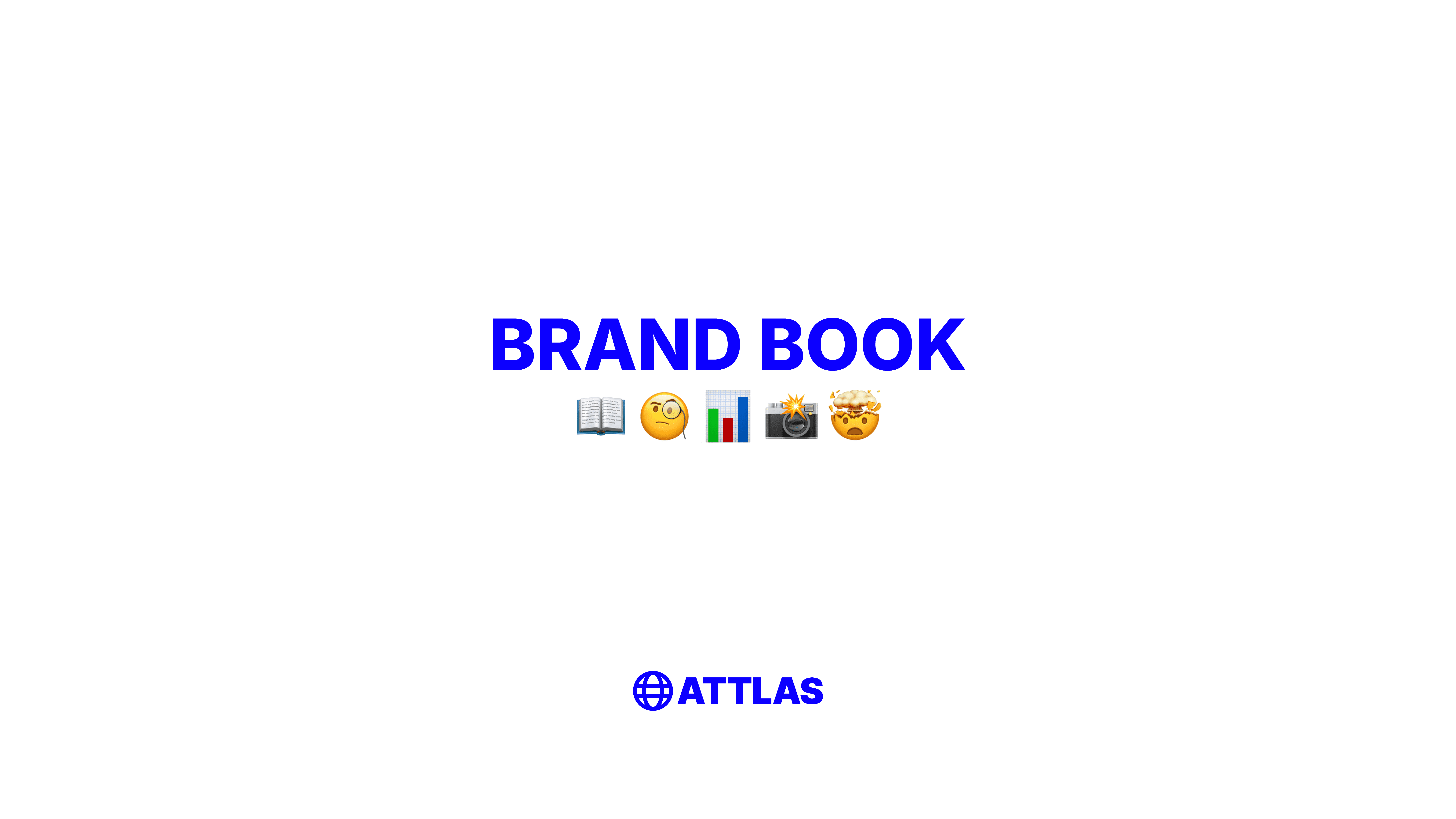Attlas Brand Book cover with blue title text, emoji icons row, and Attlas logo on a white background.