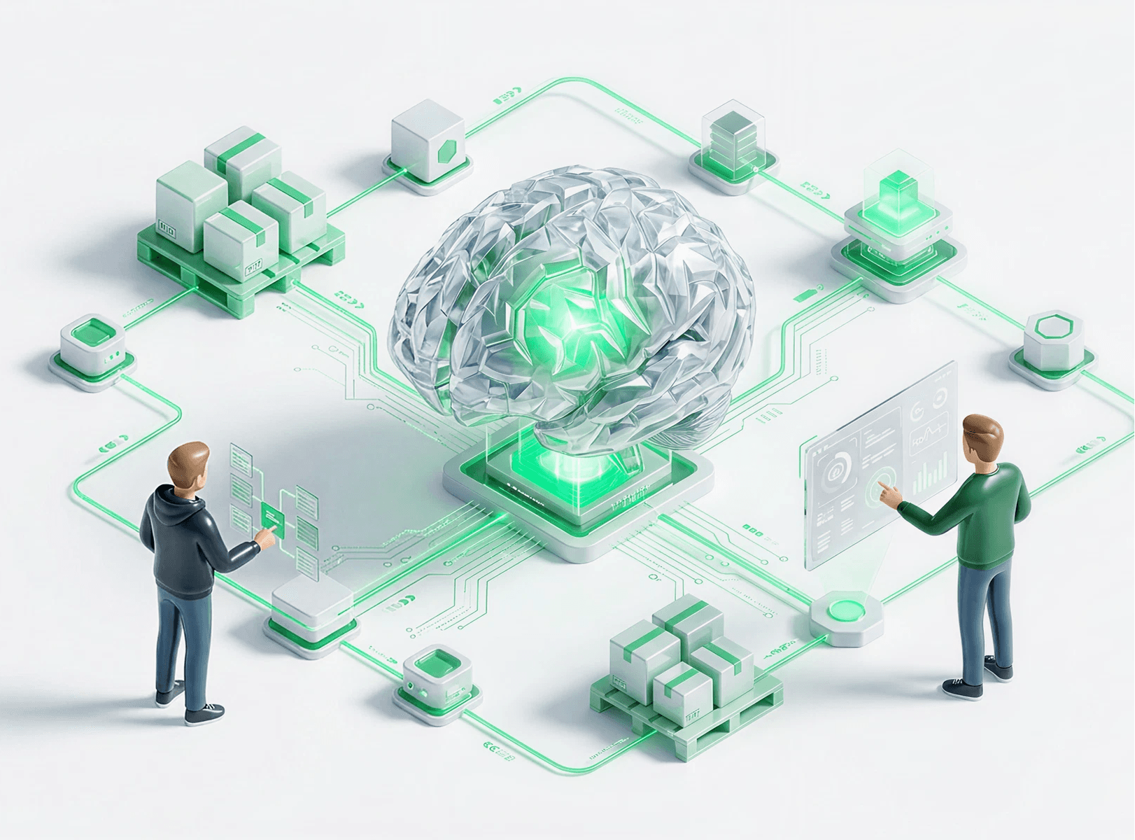 A digital brain is connected to shipping boxes and people.