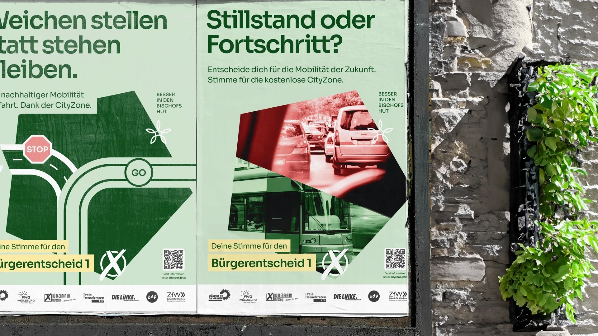 Zwei Plakate für den Bürgerentscheid: Links ‘Weichen stellen statt stehen bleiben.’ mit einer Grafik von Verkehrszeichen ‘Stop’ und ‘Go’, rechts ‘Stillstand oder Fortschritt?’ mit Bildern von Verkehrsstau und öffentlichen Verkehrsmitteln. Beide Plakate werben für die Mobilität der Zukunft und die kostenlose CityZone. Unten sind Logos von unterstützenden Parteien und Organisationen.