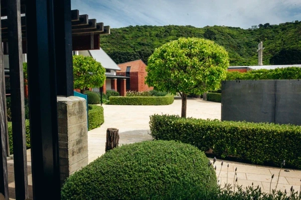 Courtyard garden with trimmed hedges and trees at the retreat centre