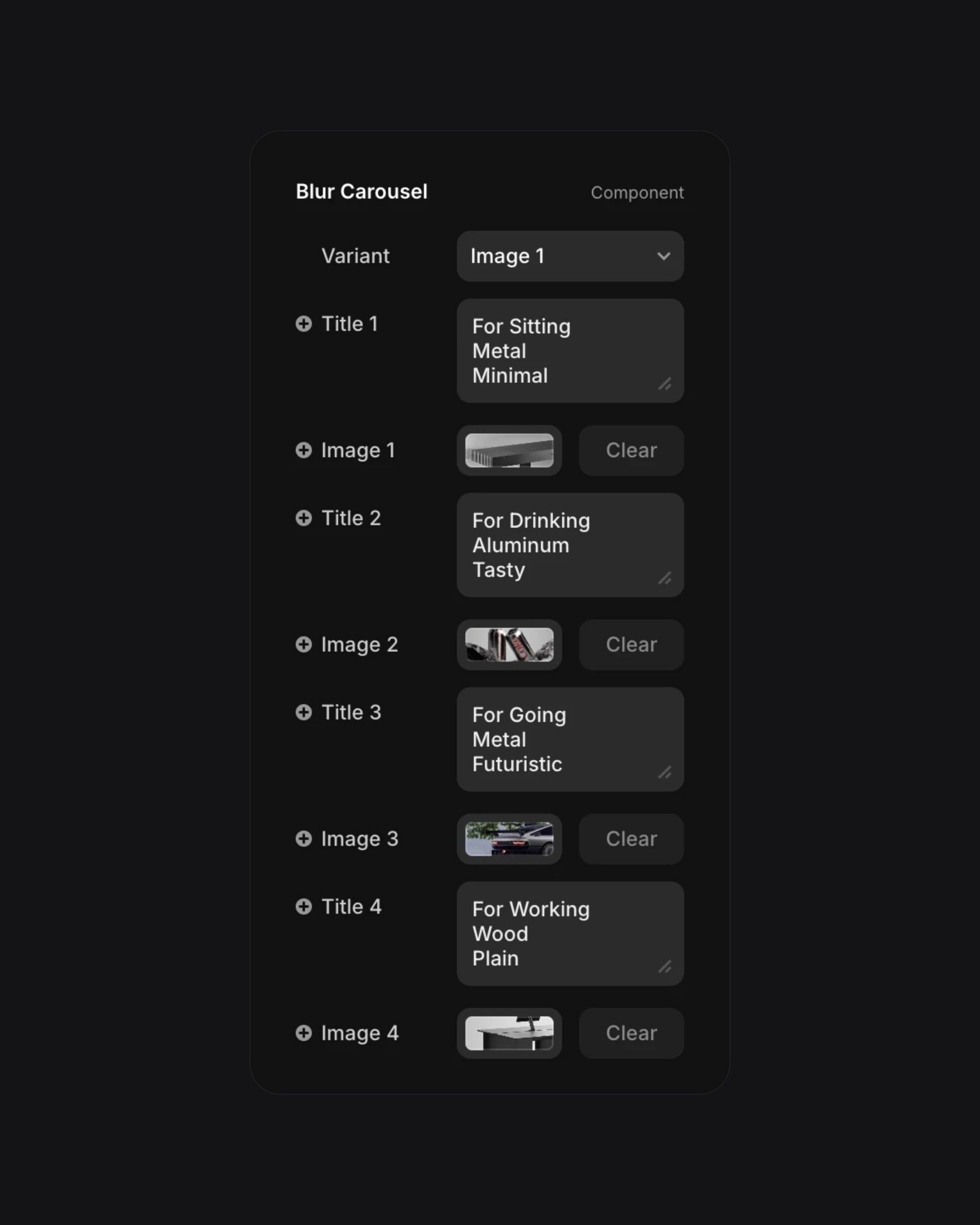 Blur Carousel component settings interface, displaying four image-title pairs for various themed items, with editable fields and clear options