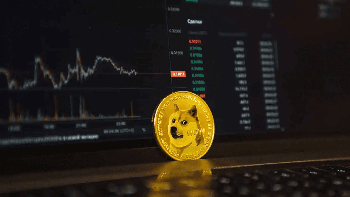 Dogecoin resting against stock laptop - How to Trade Memecoins