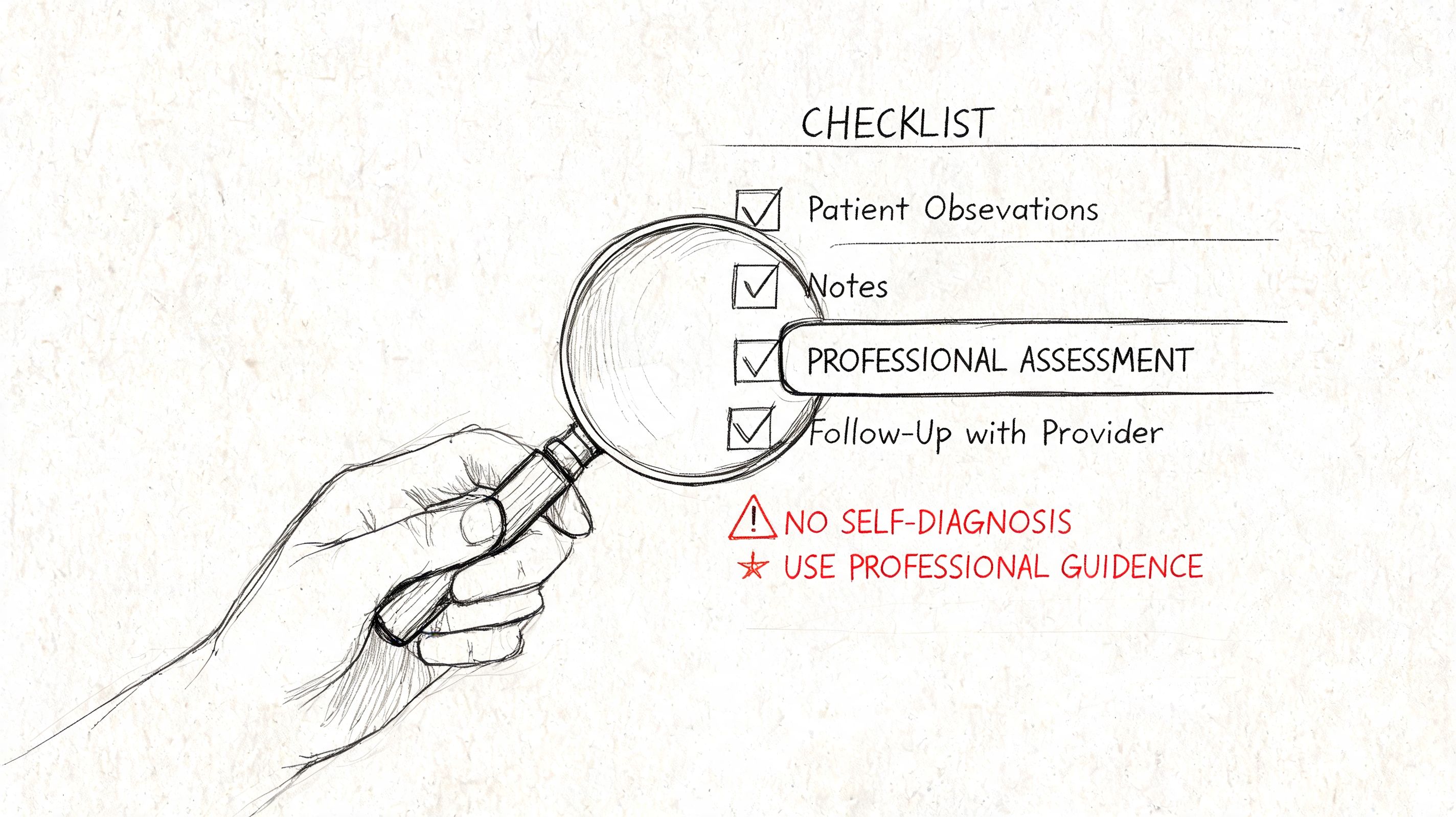 A hand holding a magnifying glass over a checklist emphasizing professional medical assessment and guidance.