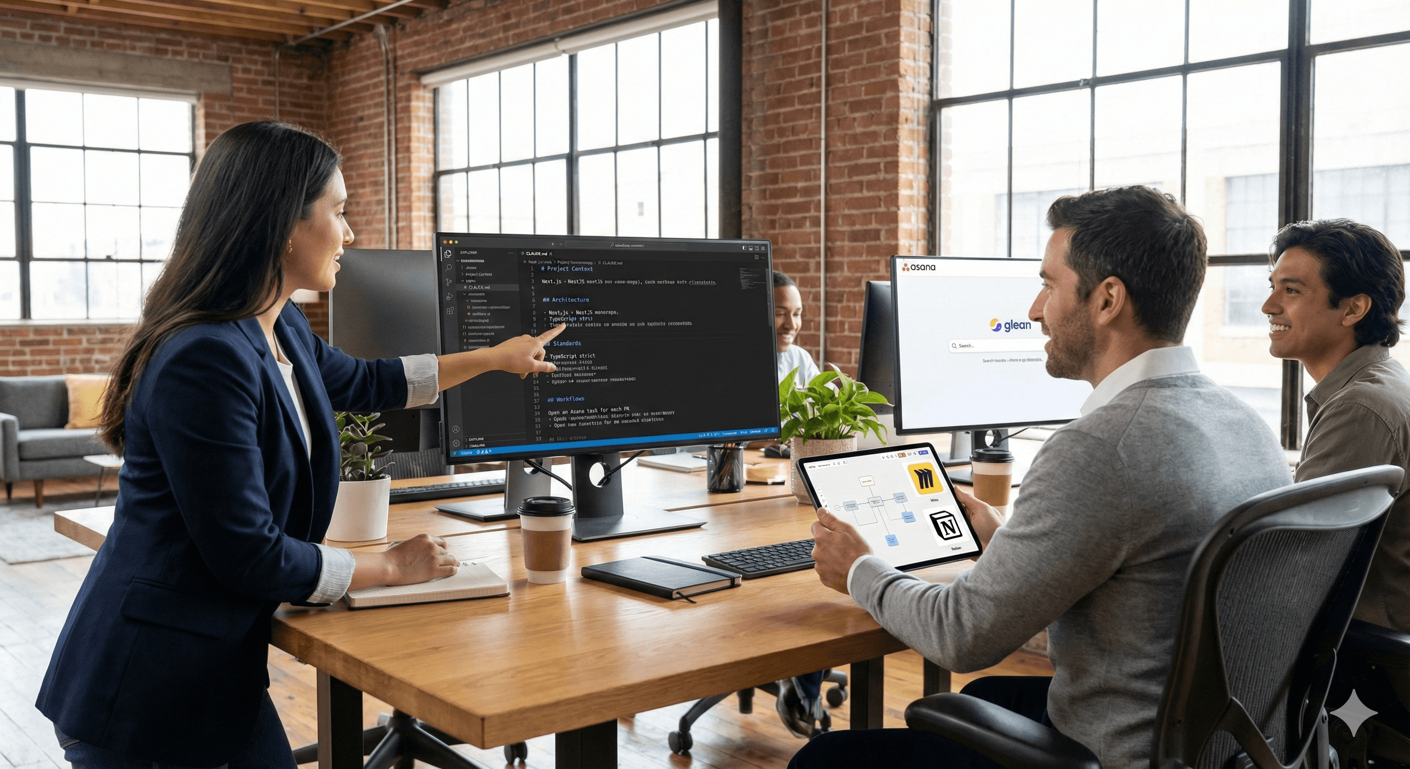 A team of professionals collaborate in a modern office, with one person pointing to a computer screen displaying code, while others engage with digital devices and notebooks on a wooden table, under large industrial-style windows.