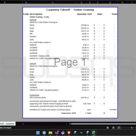 Screenshot of Microsoft Excel takeoff carpentry takeoff schedule by SubsQS Ltd