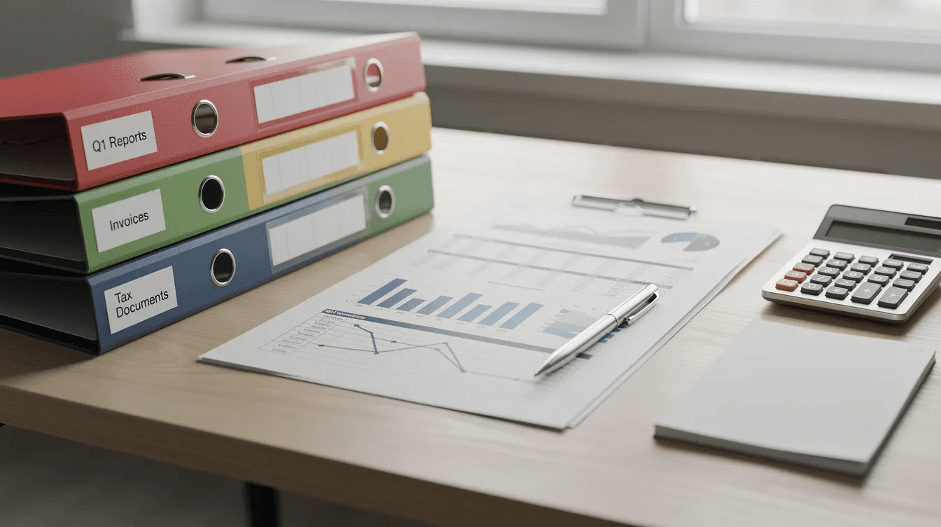 The image depicts a neatly organized desk filled with file folders and financial documents, including VAT return forms, sales invoices, and bank statements, essential for VAT compliance and filing during the relevant tax period. This setup reflects a systematic approach to managing accounting records for VAT-registered businesses.