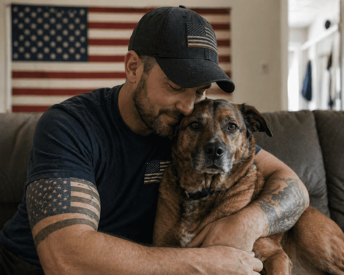 A man with tattoos smiles while hugging a brown dog on a couch, with an American flag in the background.