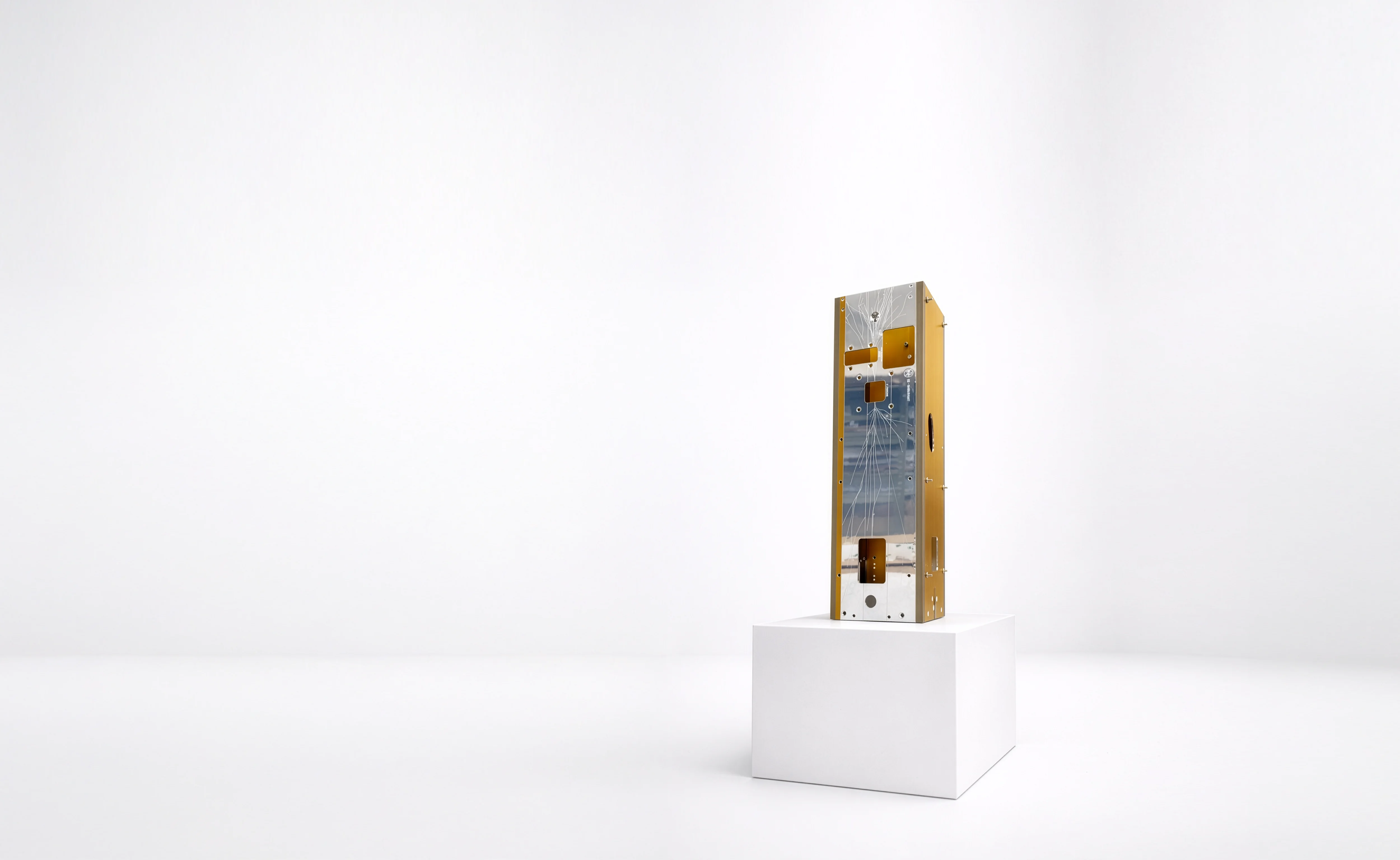 satellite with laser etching on plint