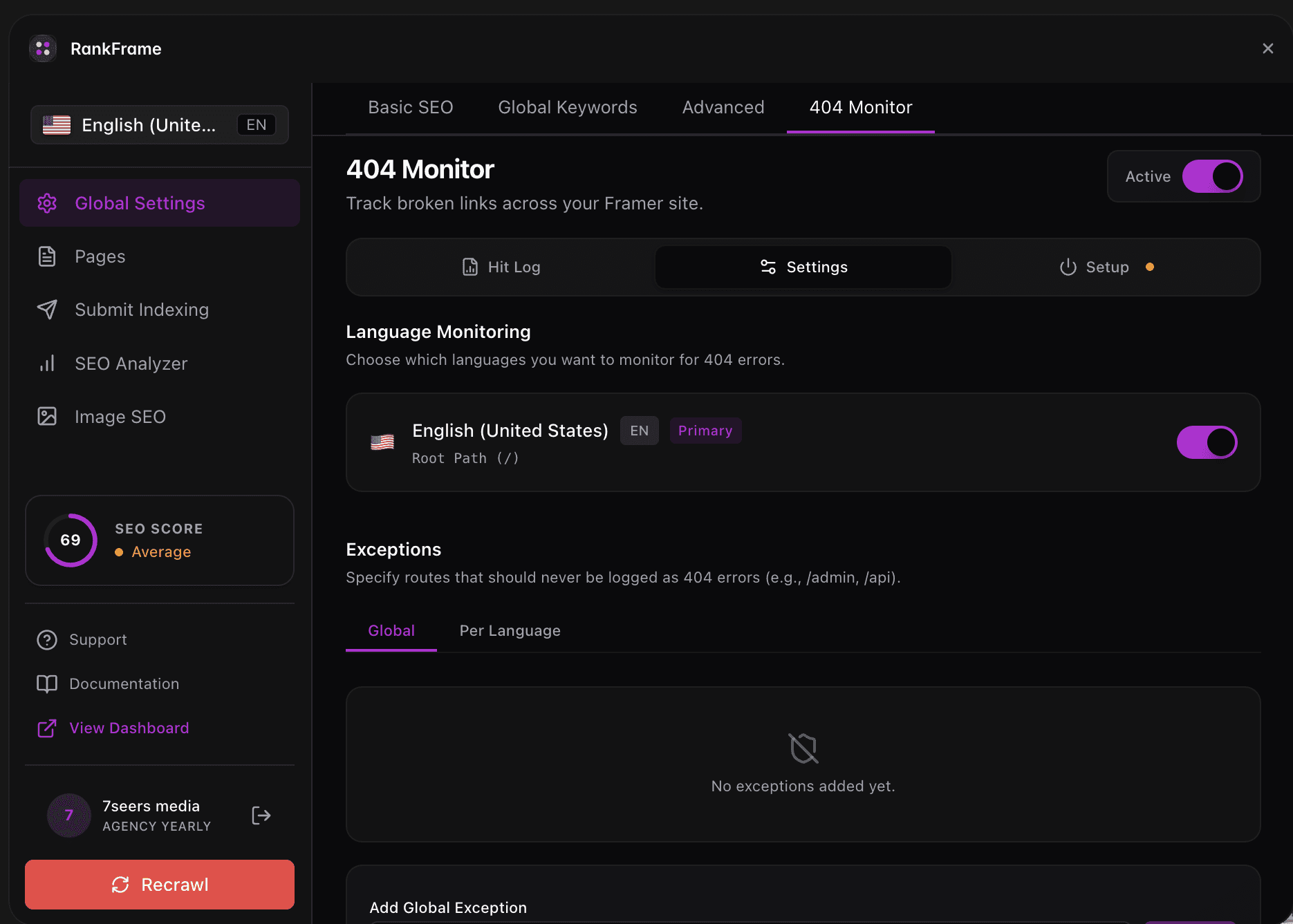 Language monitoring settings in the RankFrame 404 monitor