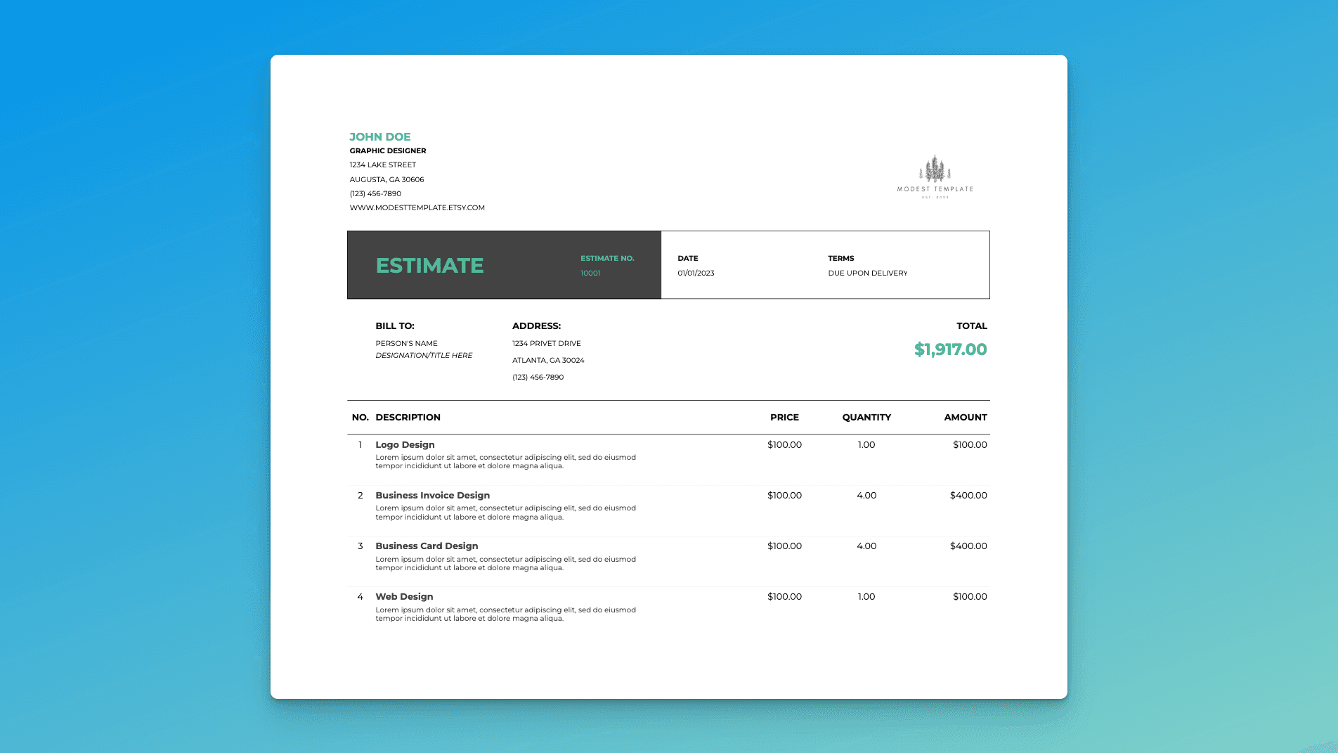 Estimate spreadsheet template displaying itemized services, quantities, and totals for professional client proposals.