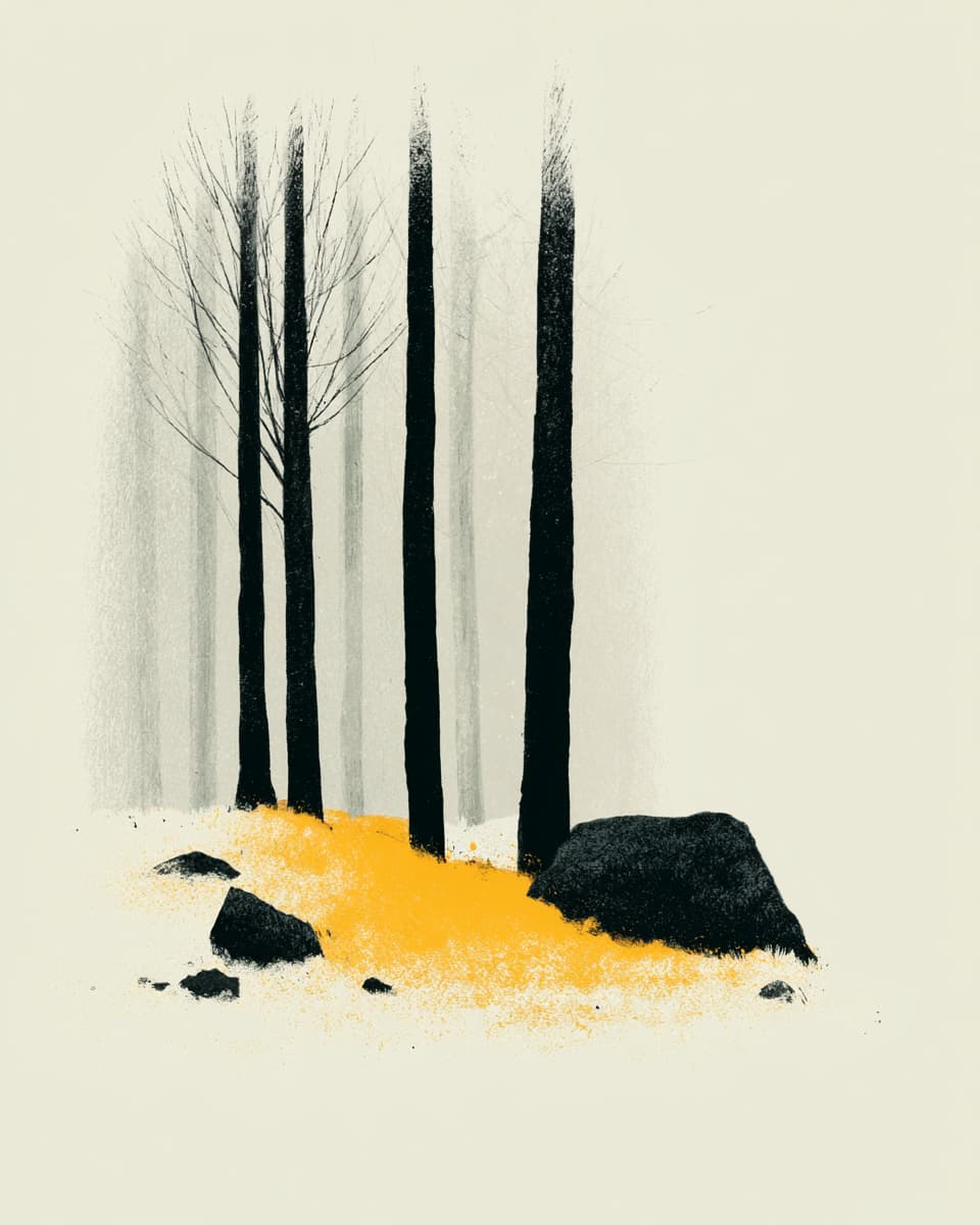 Minimalistische Waldillustration mit Bäumen, Felsen und goldenem Gras. Naturkunst.