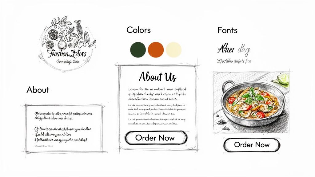 A hand-drawn website design concept board for a food business, featuring logo, colors, fonts, and a dish illustration.
