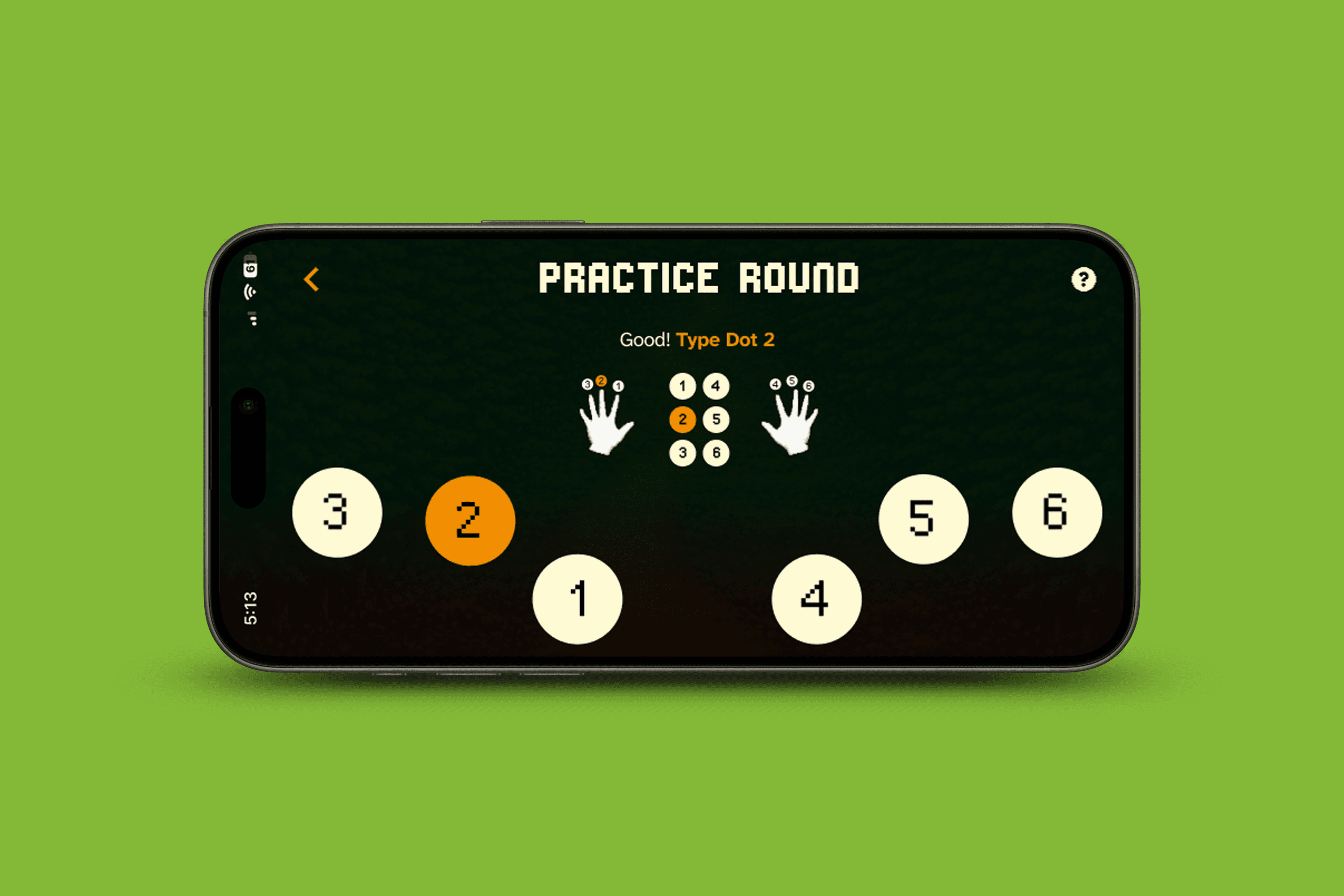 Phone in landscape mode with the Braillerunner practice round displayed