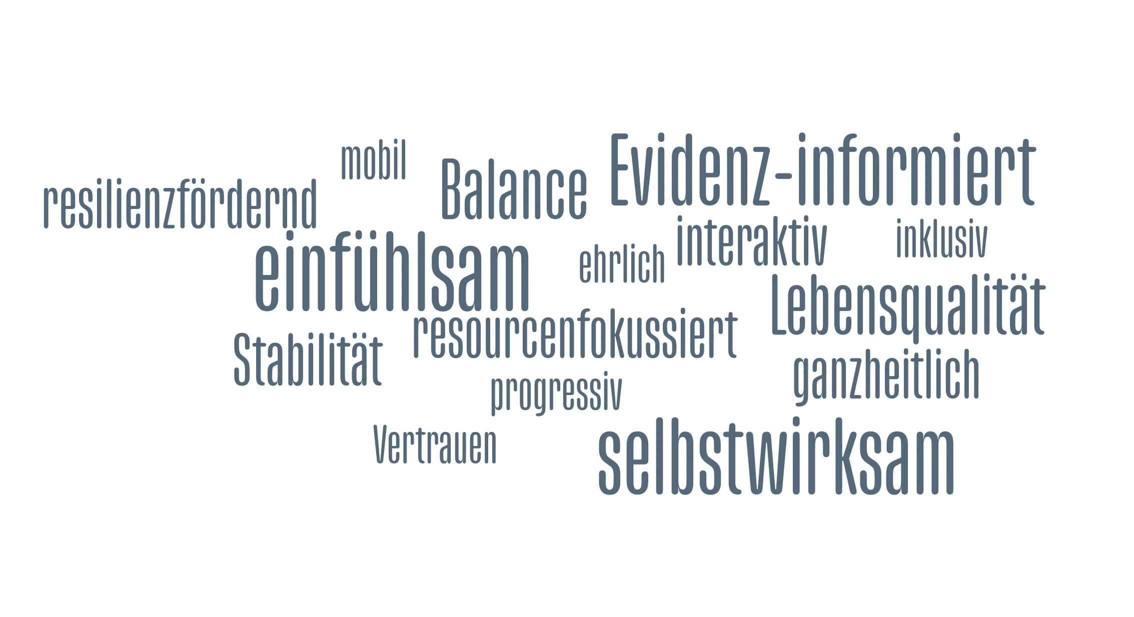 Wortwolke mit Kurseigenschaften wie Balance, einfühlsam, evidenz-informiert, ganzheitlich und selbstwirksam