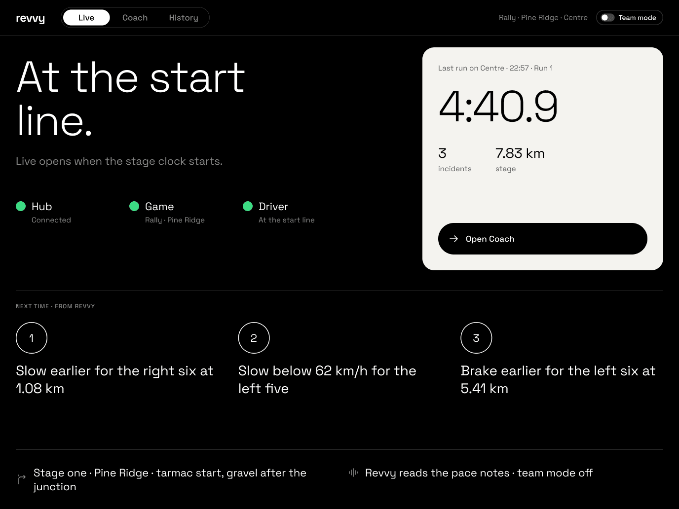 Live at the start line: hub, game and driver all green; the last run on Centre, 4:40.9, and three things for the next run