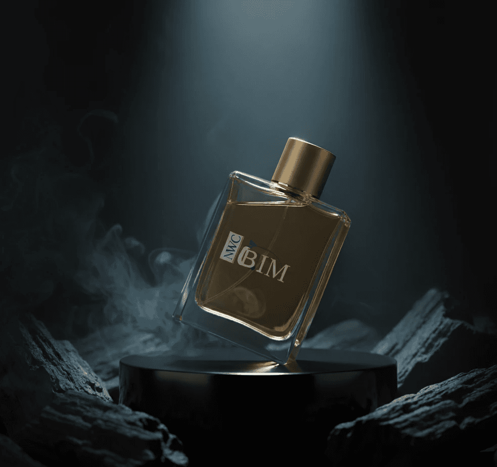 BIM cologne bottle with a gold cap, on a black pedestal, with smoky visual effects