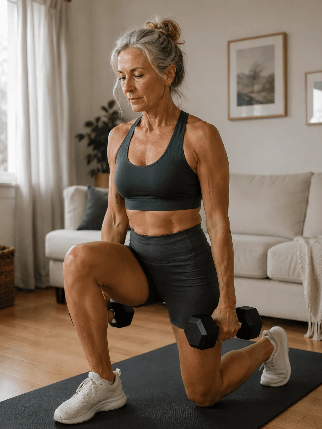 Woman doing lunges with dumbbells during a home fitness session
