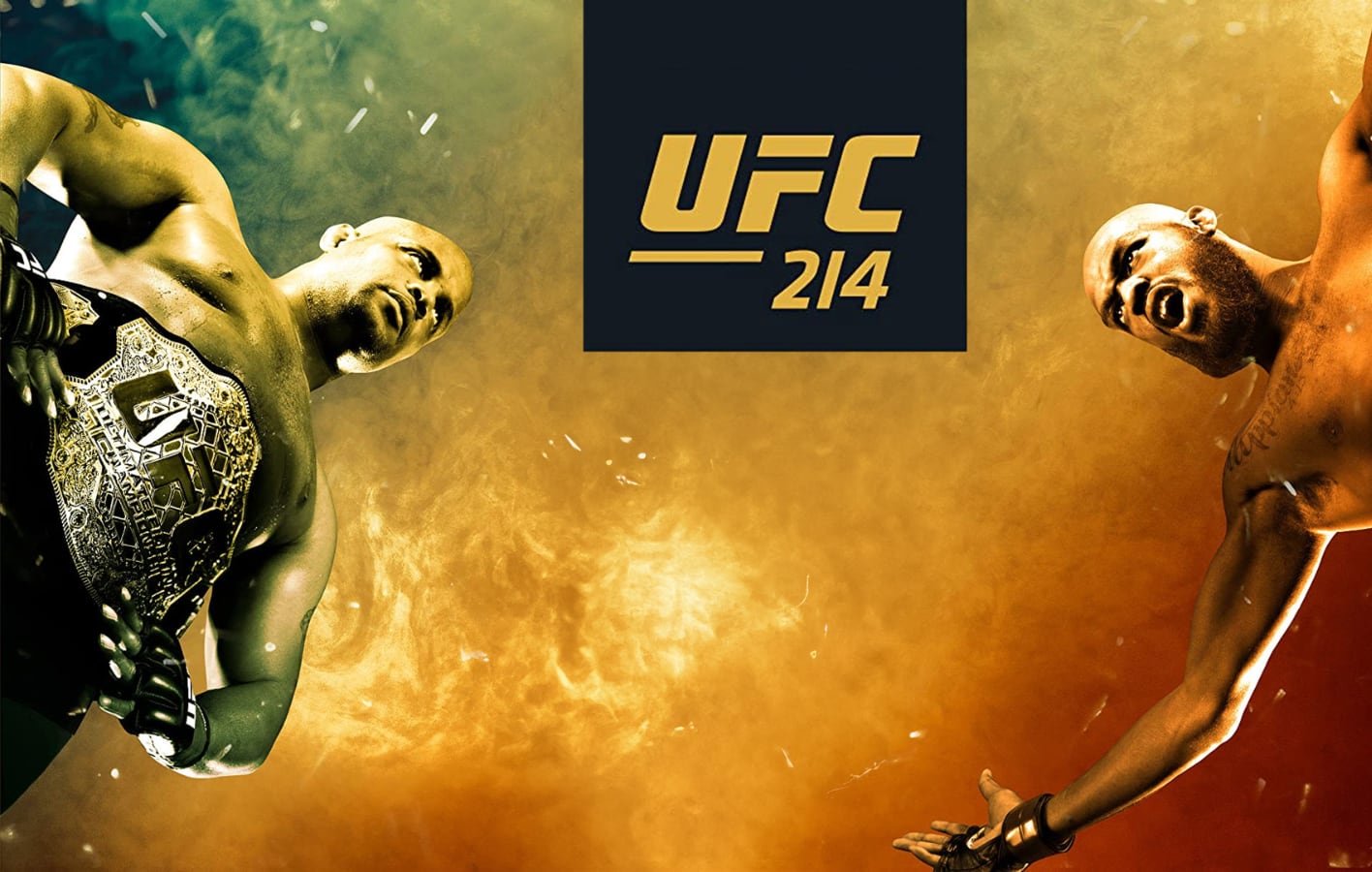 An image of two fighters faceing off with the ufc logo in the top center
