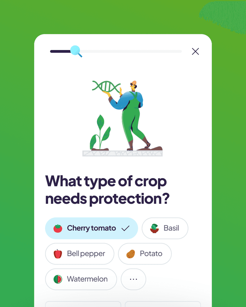 App screen showing the process of selecting type of crop that needs protection with badges containing icons of different crops.