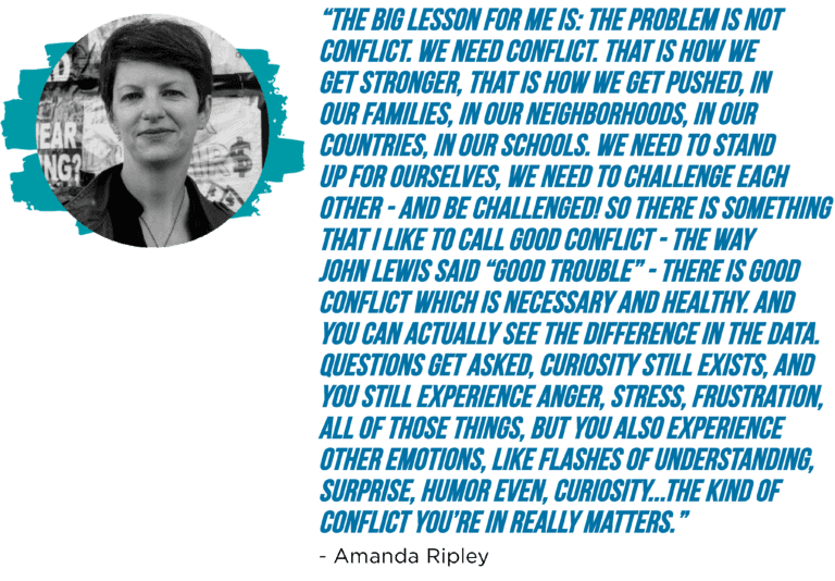 “The big lesson for me is: the problem is not conflict. We need conflict. That is how we get stronger, that is how we get pushed, in our families, in our neighborhoods, in our countries, in our schools. We need to stand up for ourselves, we need to challenge each other - and be challenged! So there is something that I like to call good conflict - the way John Lewis said “good trouble” - there is good conflict which is necessary and healthy. And you can actually see the difference in the data. Questions get asked, curiosity still exists, and you still experience anger, stress, frustration, all of those things, but you also experience other emotions, like flashes of understanding, surprise, humor even, curiosity...The kind of conflict you’re in really matters.” - Amanda Ripley