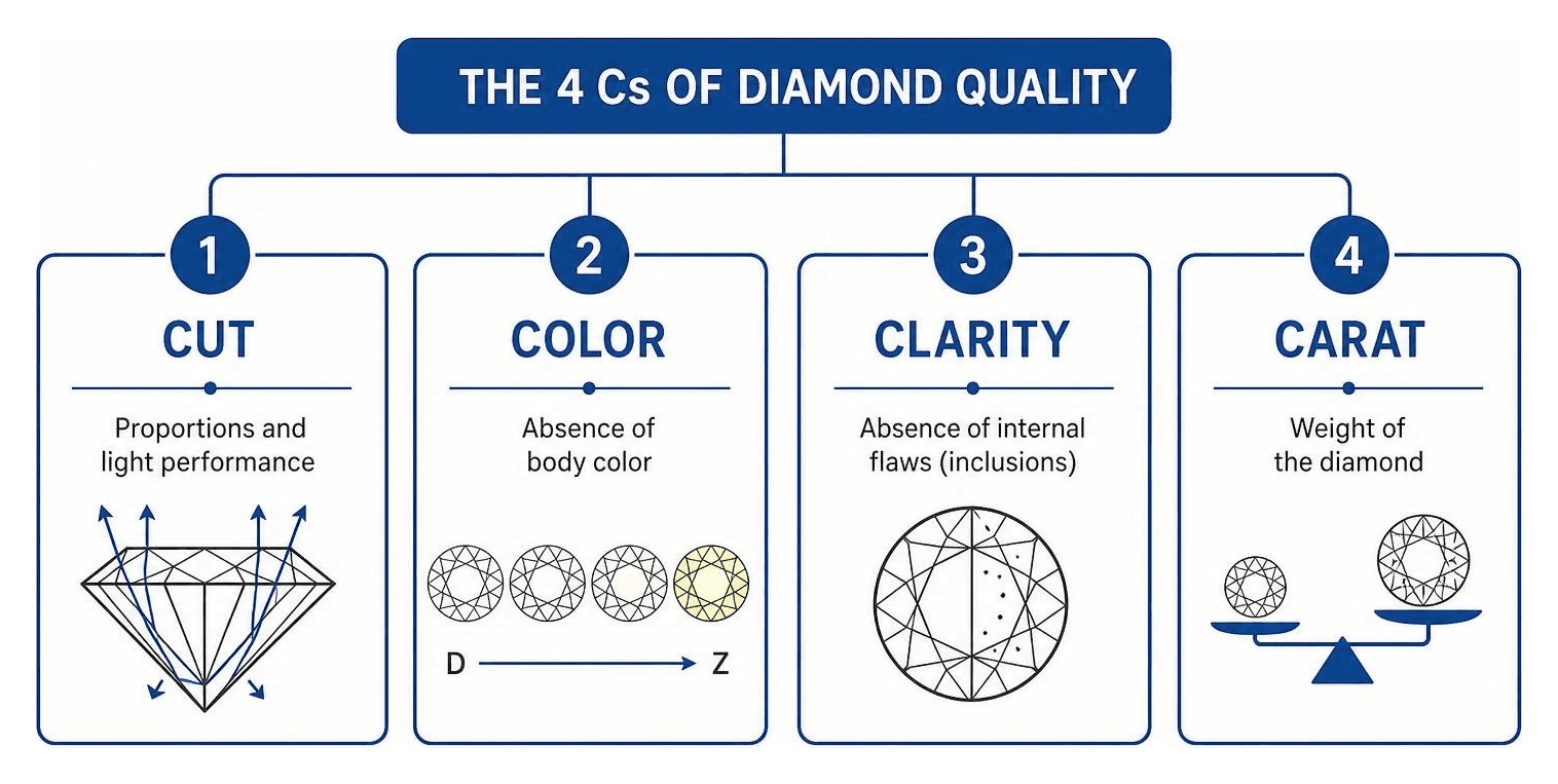 The 4 Cs of diamond quality evaluation: Cut, Color, Clarity, Carat
