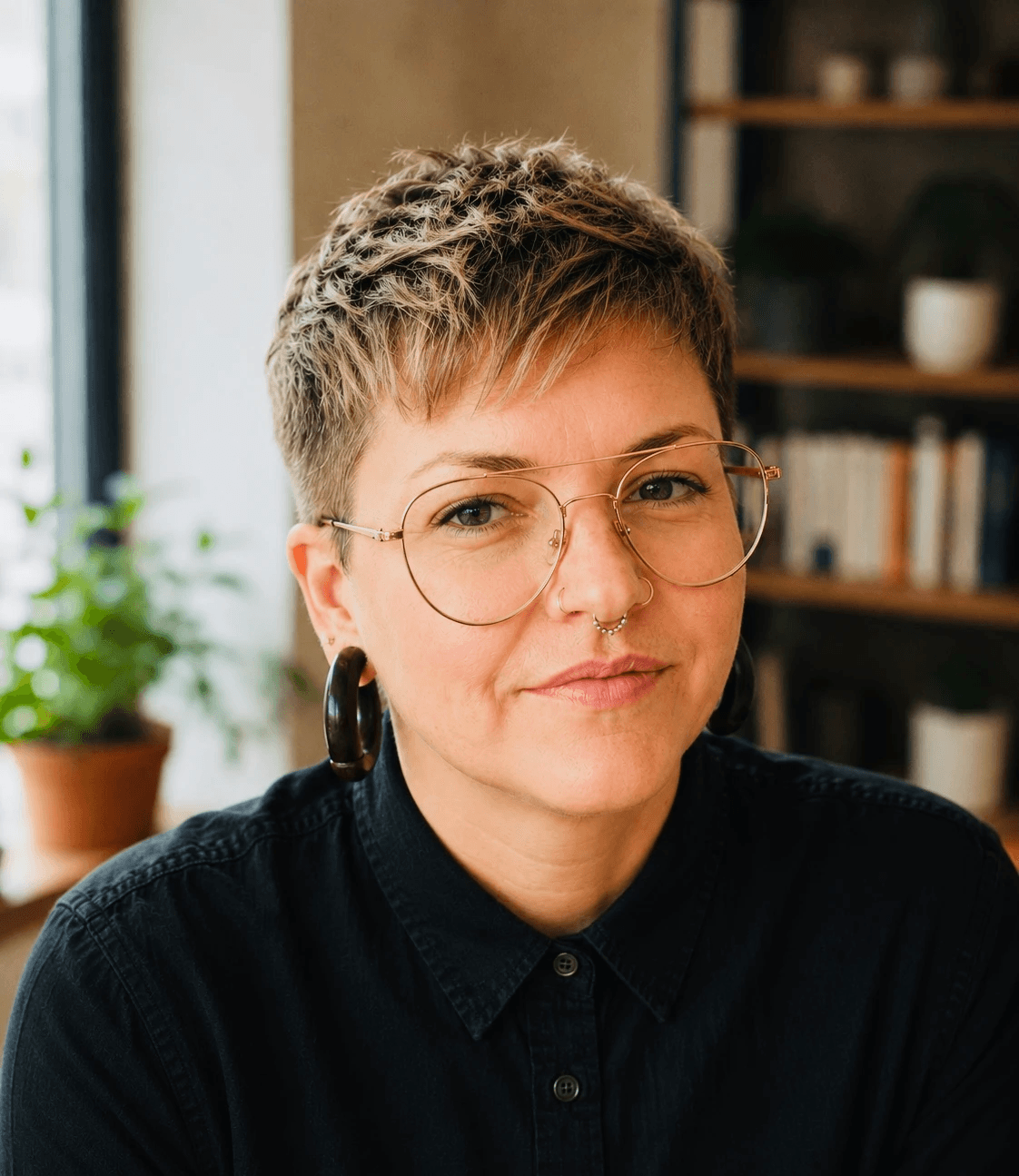 Image of a short haired woman with glasses smiling