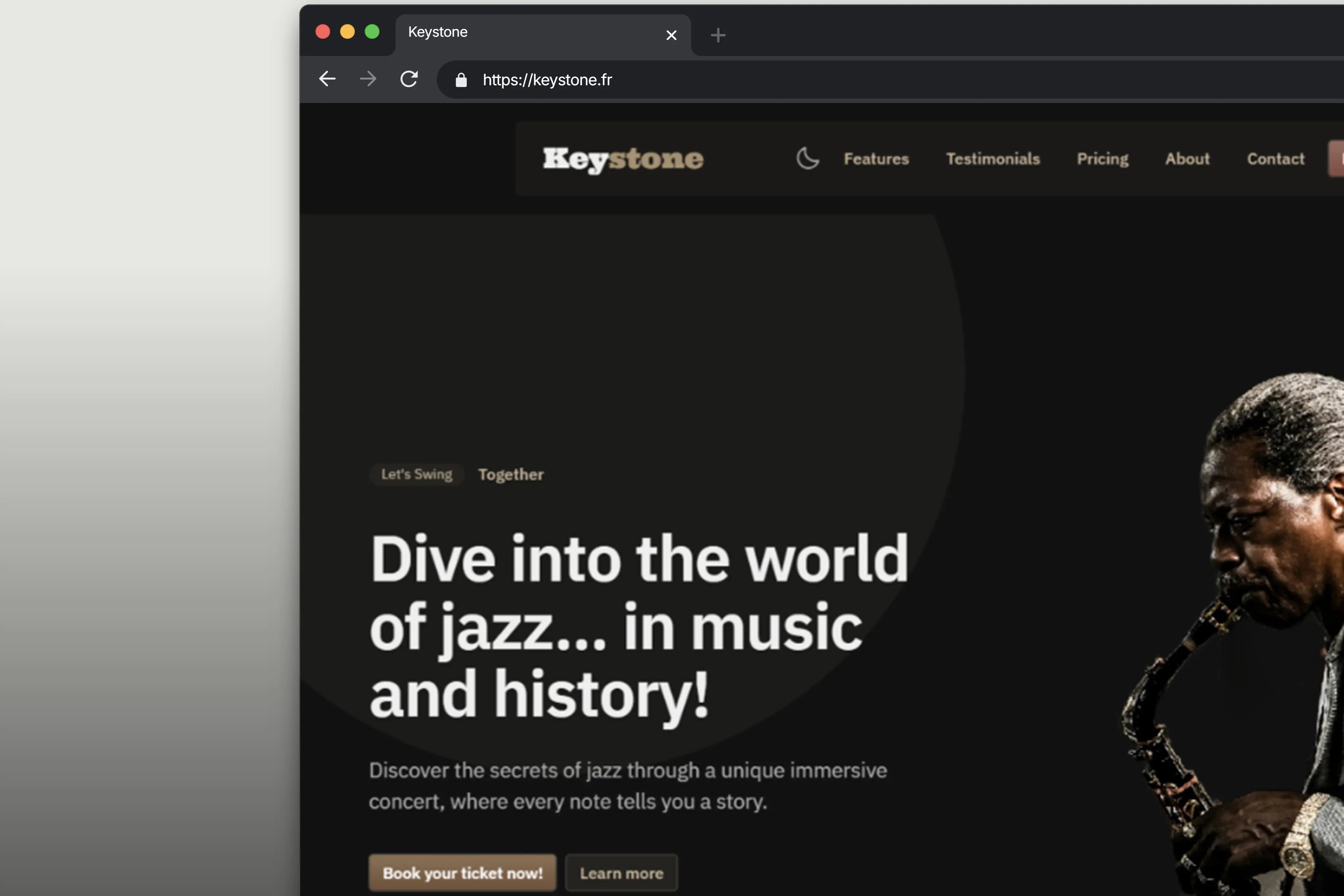 The image shows a website homepage with a dark background featuring a call to action for a jazz concert, including a prominent image of a saxophonist on the right, highlighting the theme of music and culture.