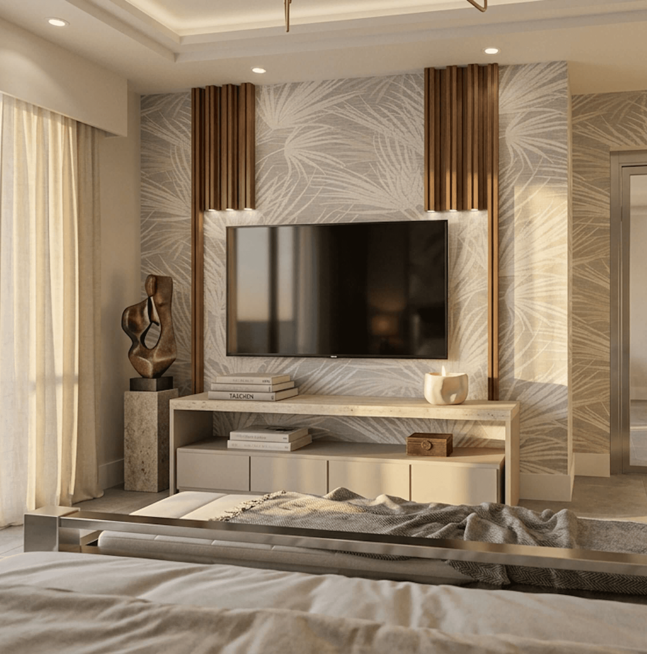 Sunlit primary suite with palm wallpaper, mounted TV, soft drapery, and glass doors.