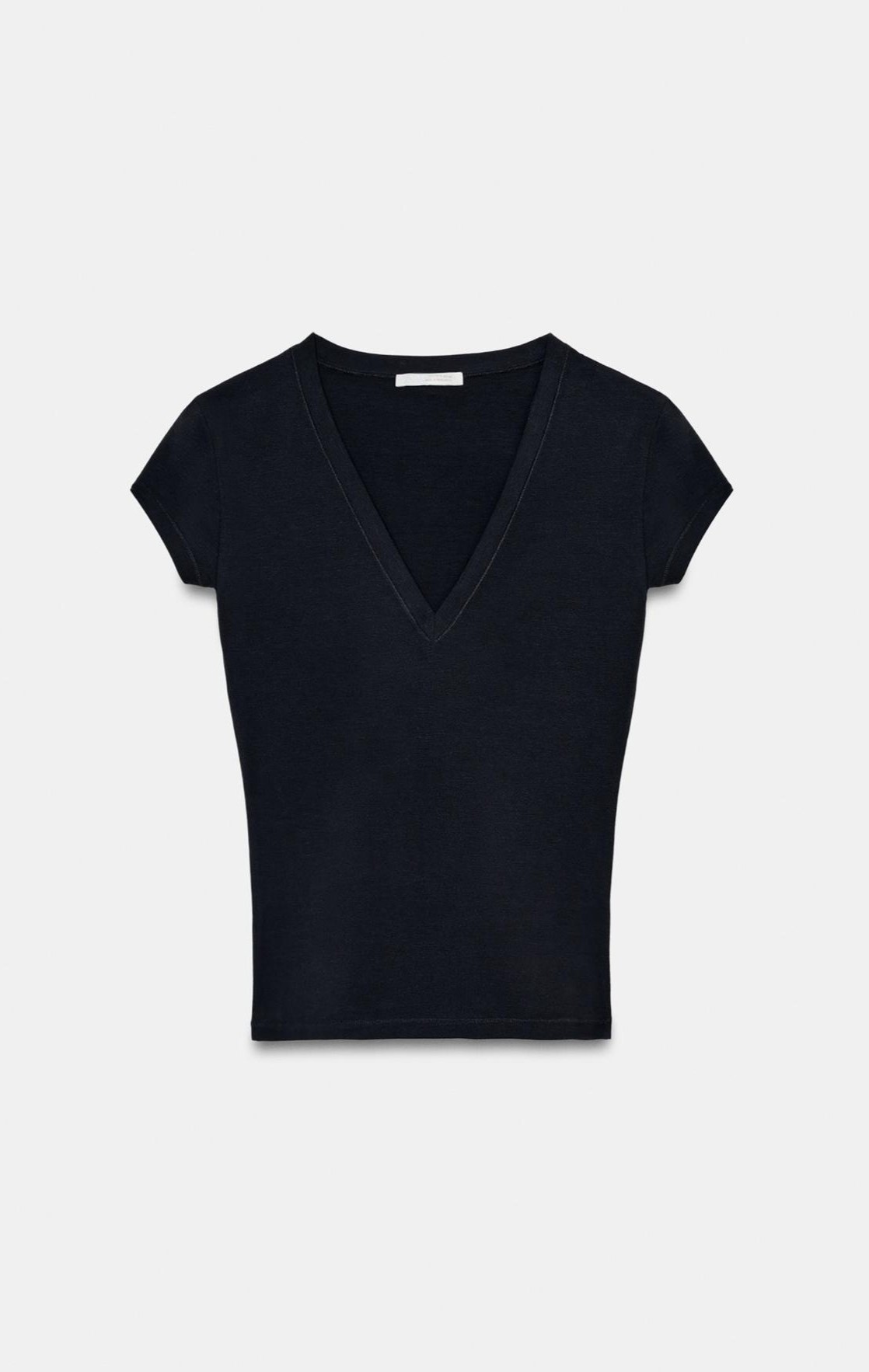 A black short-sleeve V-neck t-shirt is displayed against a plain white background, highlighting its simple and casual design.