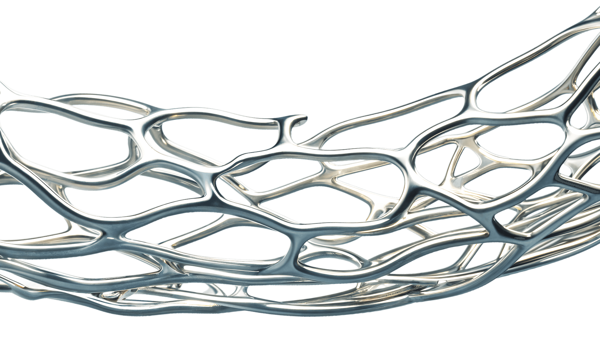 Shiny silver arc with flowing lattice design resembling futuristic wireframe.