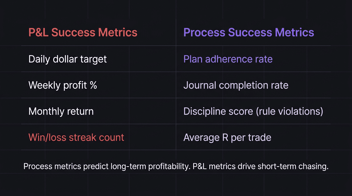 Comparison table showing P&L-based success metrics versus process-based success metrics for traders