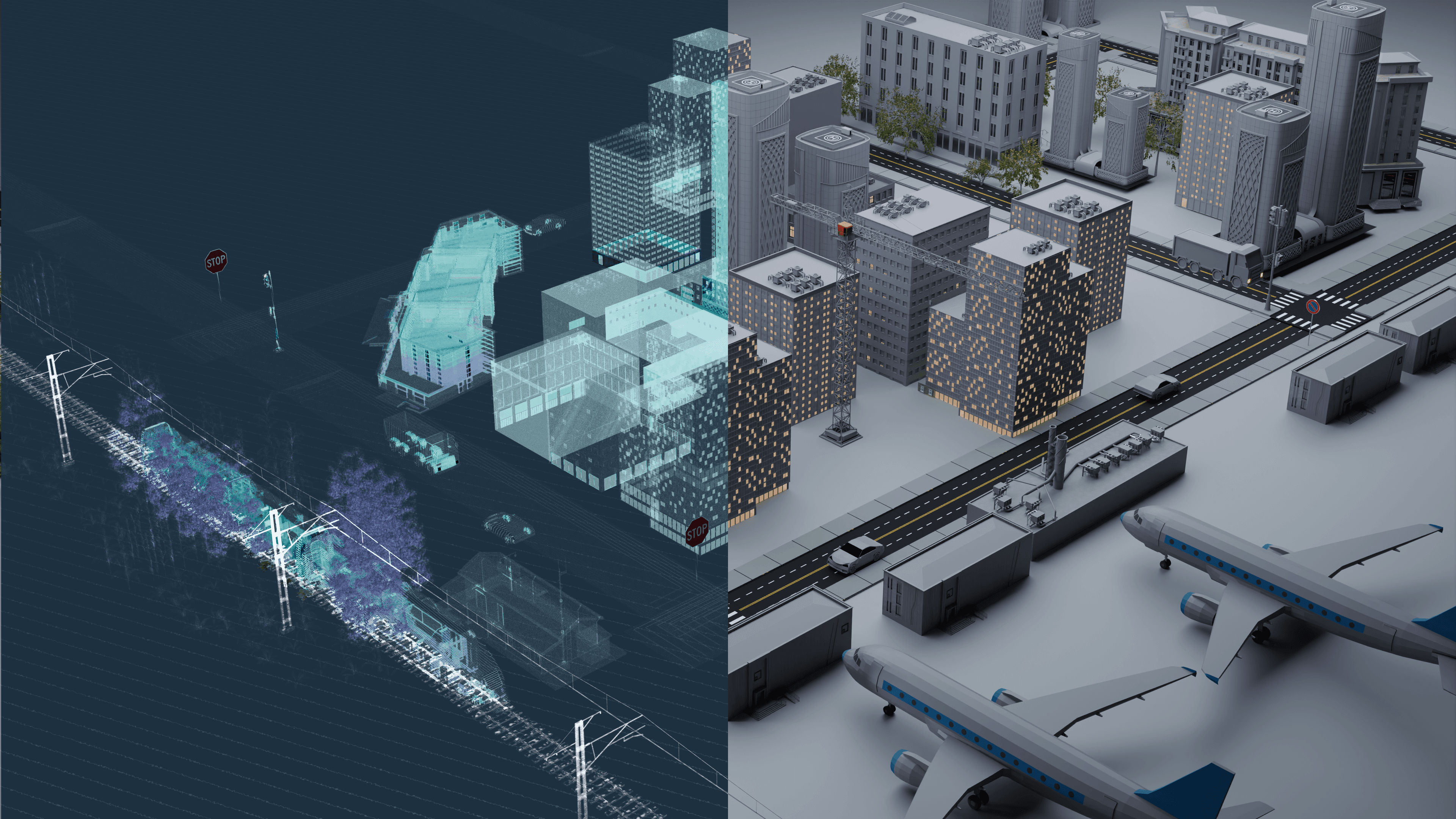 Visualization of digital twin creation using a multi-sensor approach. LiDAR, cameras, and other scanning technologies capture precise data from the physical world to generate a detailed virtual replica.