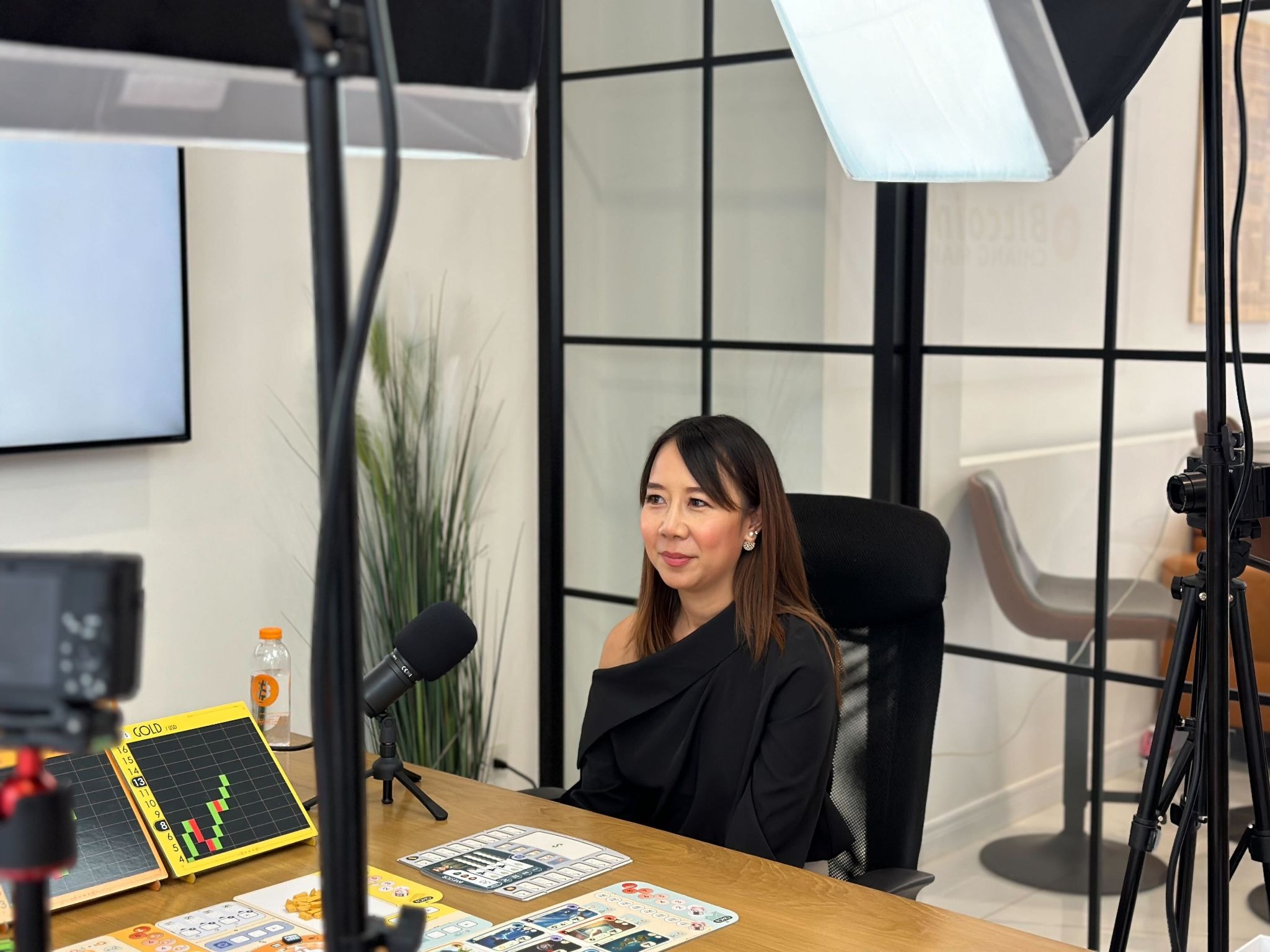 Fai, co-founder of the Bitcoin Learning Center, recording the Bitcoin Chiang Mai podcast in a studio
