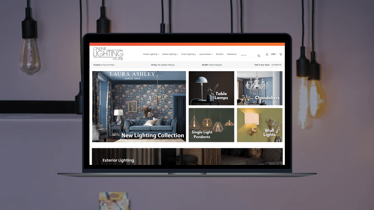 Laptop mockup with a screenshot from The online Lighting Store Website