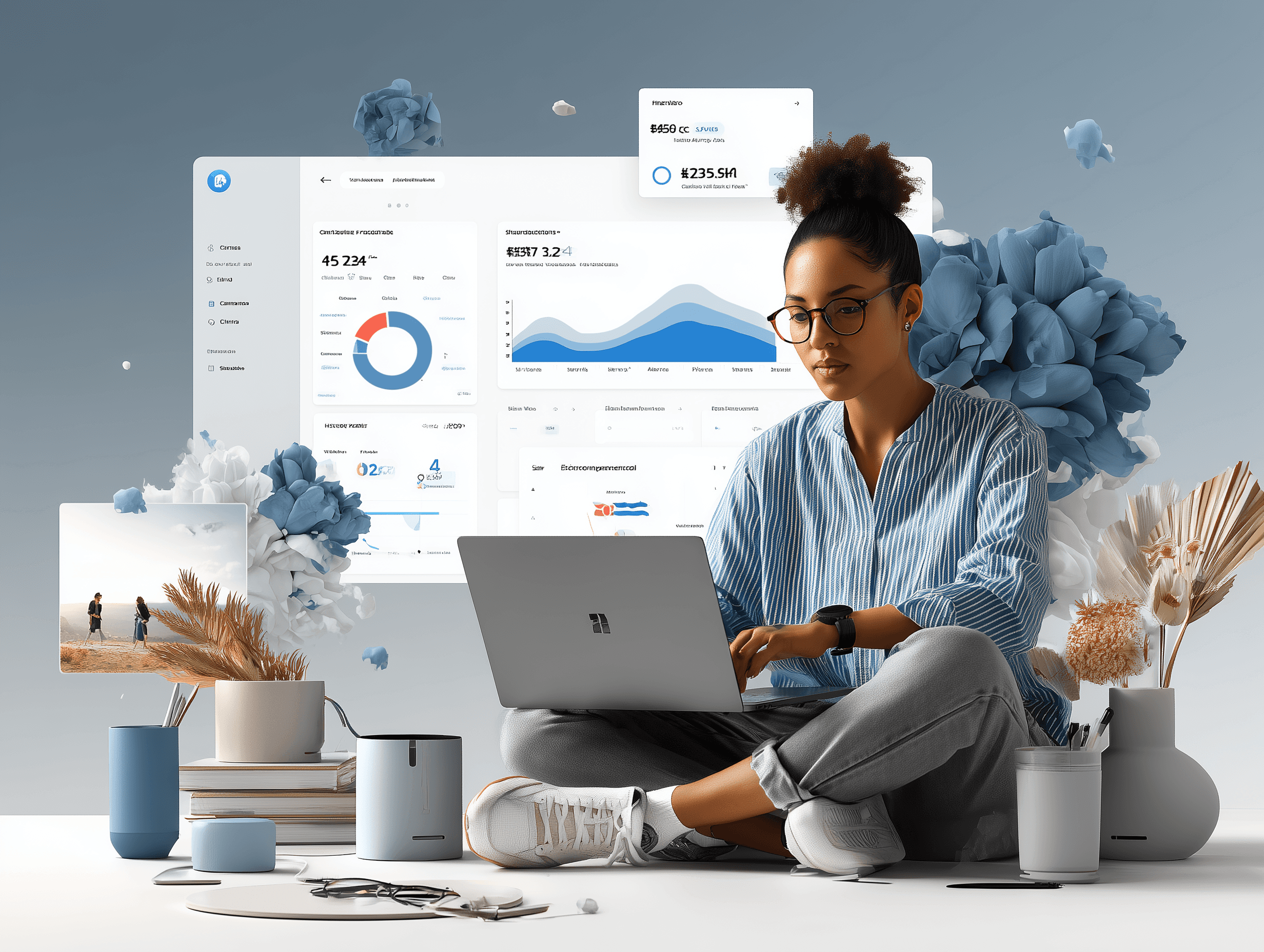 Modern professional using laptop and dashboard with AI-powered customer data visualization